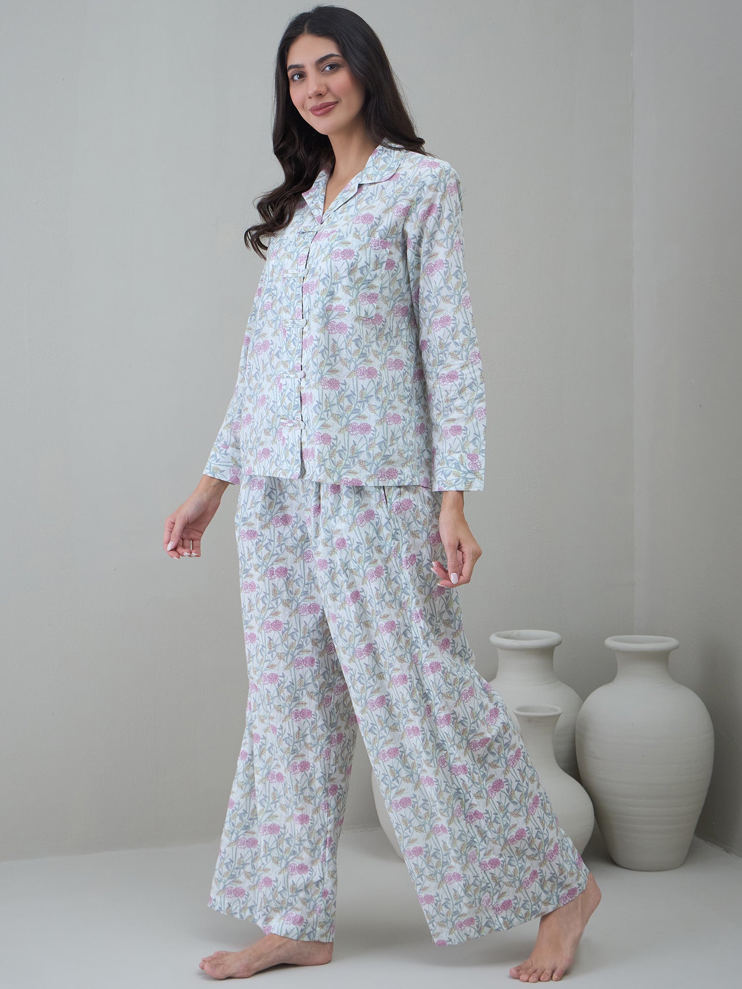 White Floral Printed Shirt Collar Night Suit