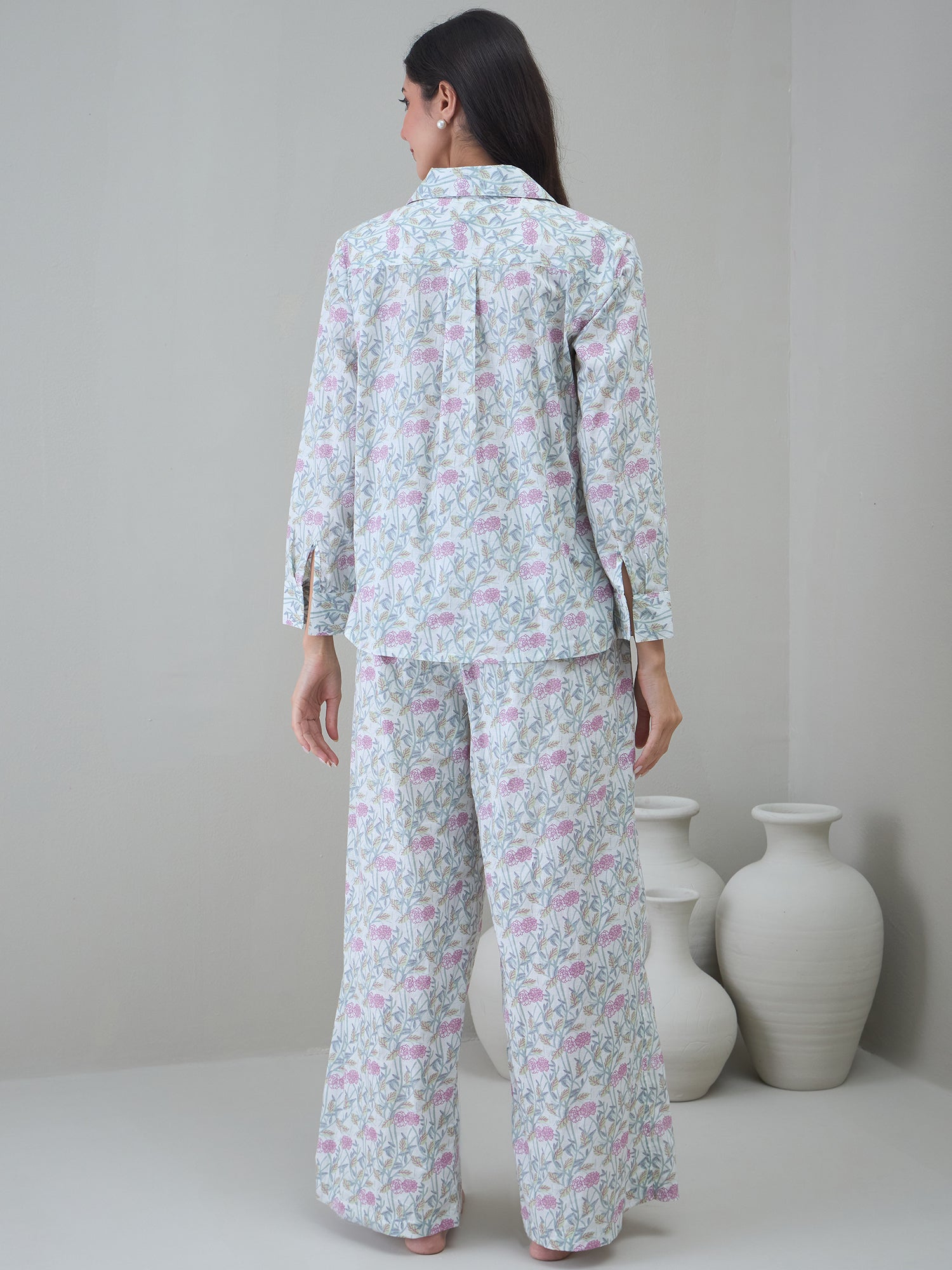White Floral Printed Shirt Collar Night Suit