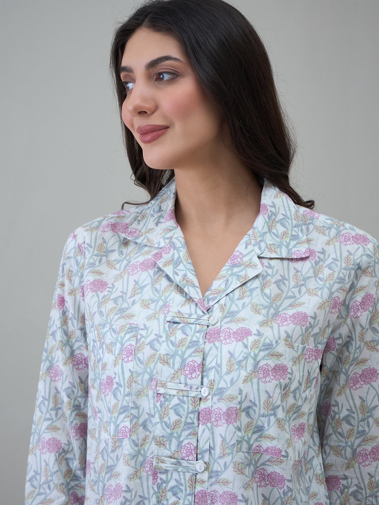White Floral Printed Shirt Collar Night Suit
