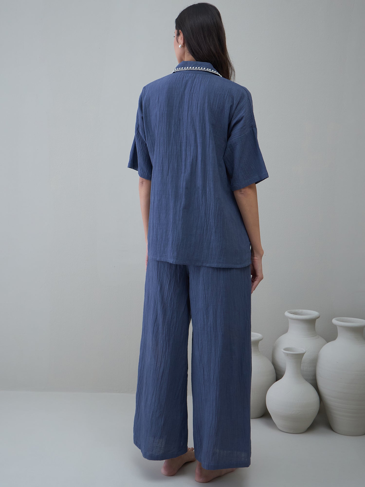 Navy Blue Cotton Shirt Collar Solid Night Suit