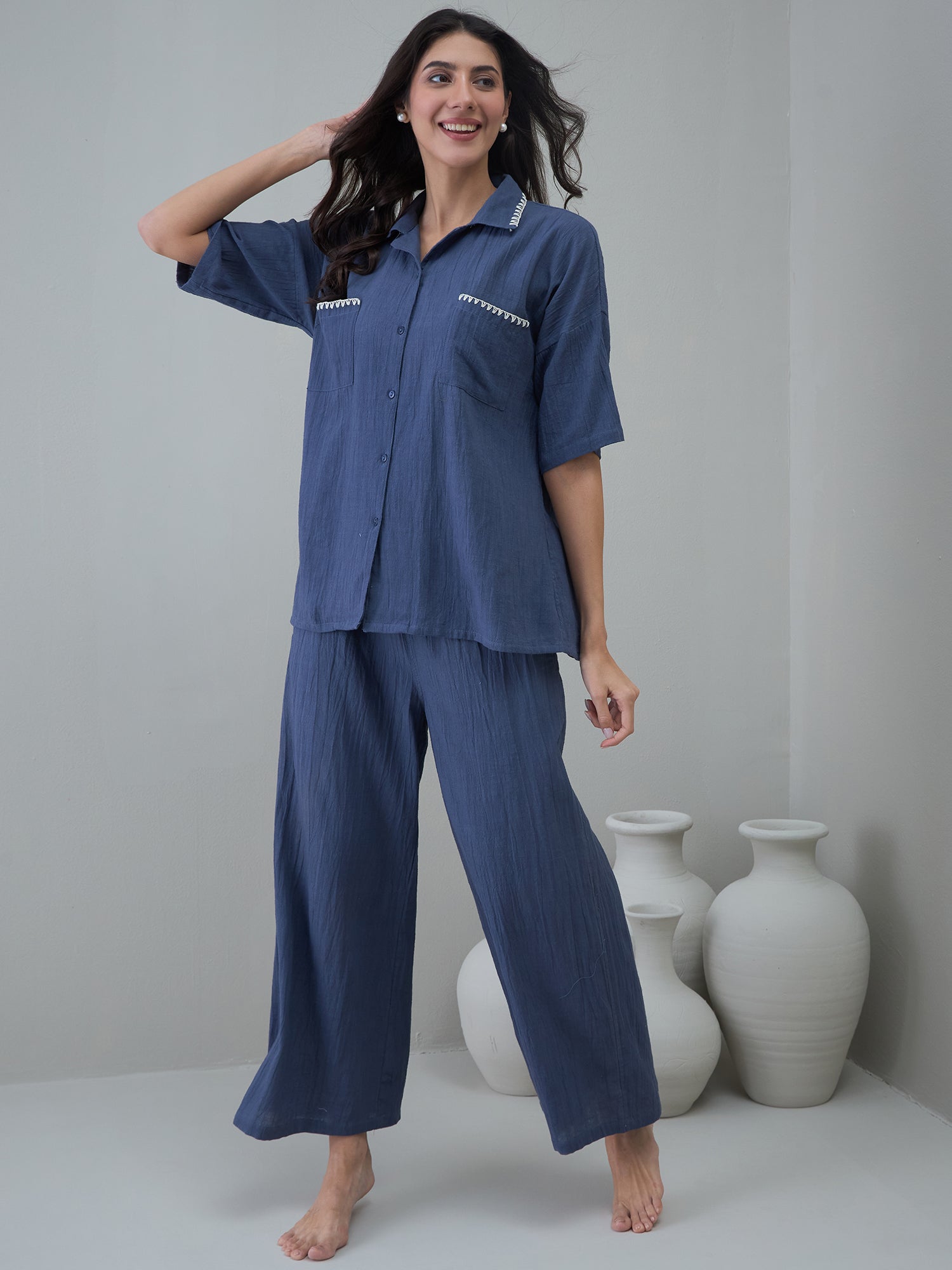 Navy Blue Cotton Shirt Collar Solid Night Suit