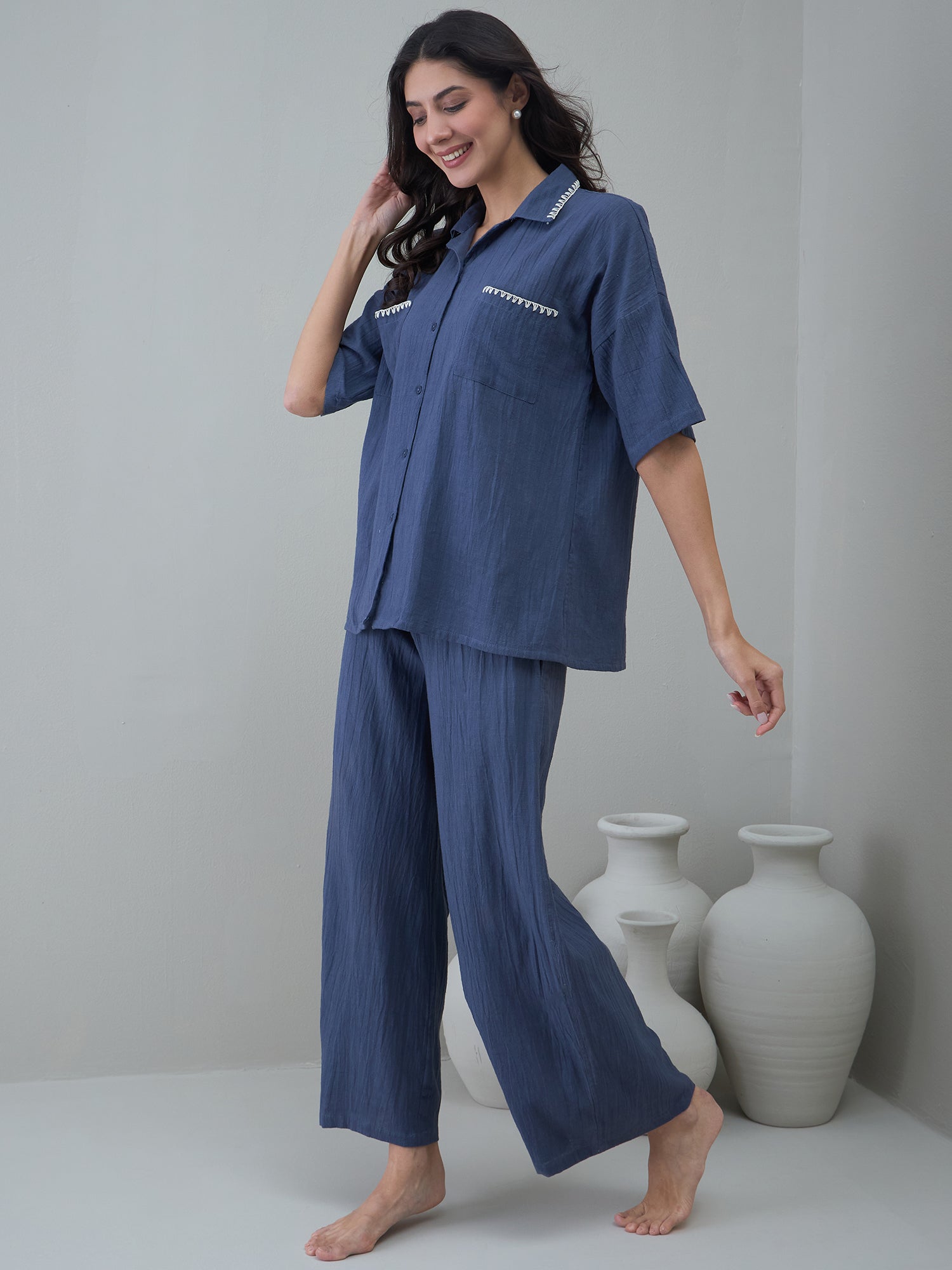 Navy Blue Cotton Shirt Collar Solid Night Suit