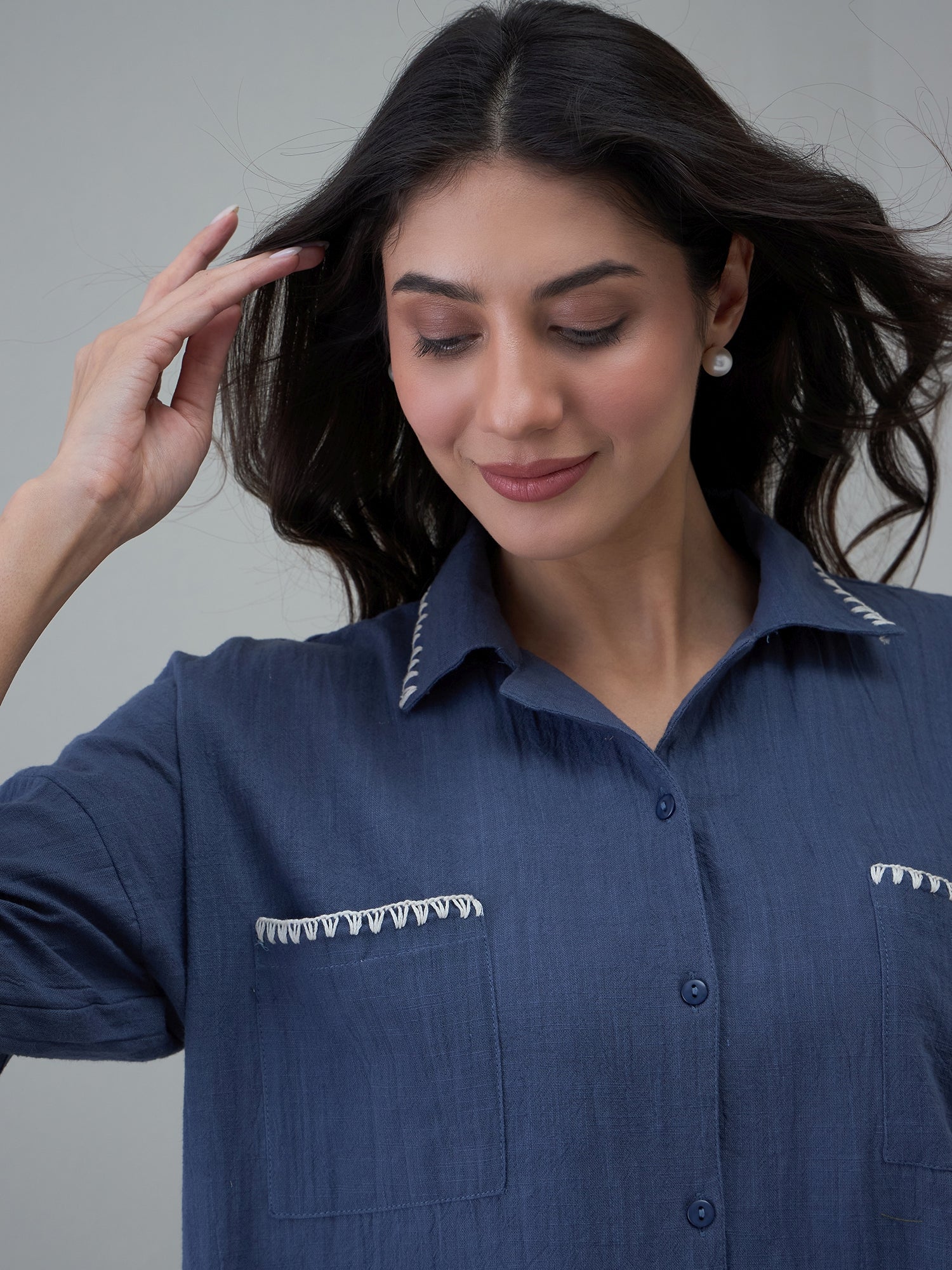 Navy Blue Cotton Shirt Collar Solid Night Suit