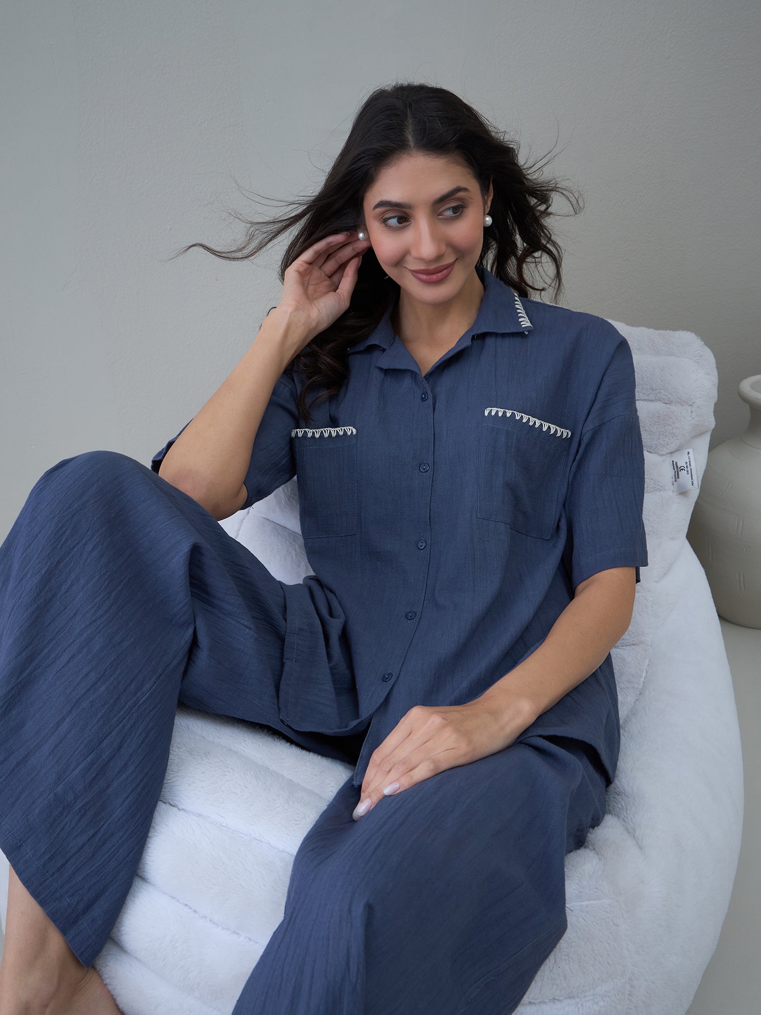 Navy Blue Cotton Shirt Collar Solid Night Suit