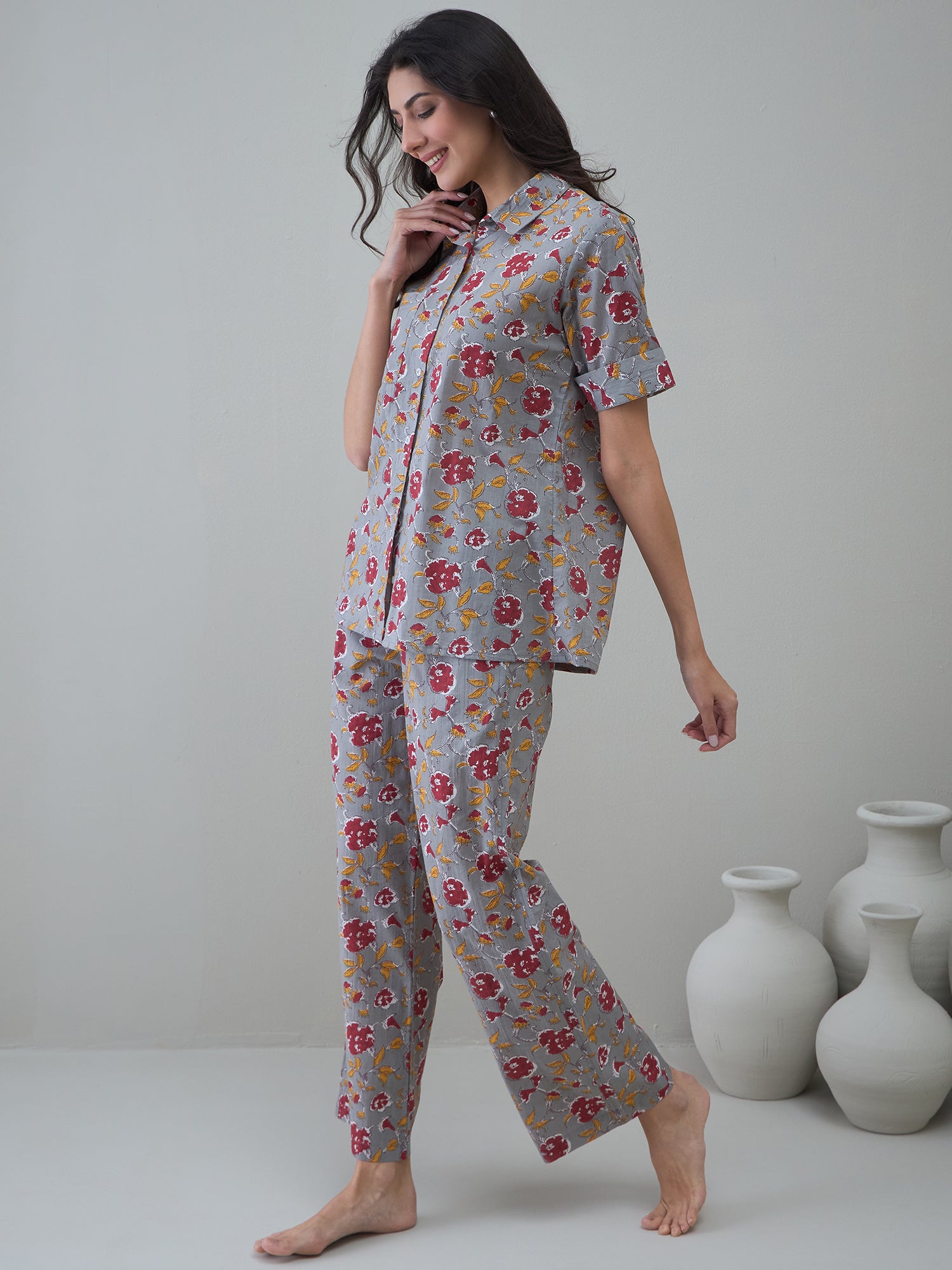 Grey Floral Printed Cotton Night Suit For Women