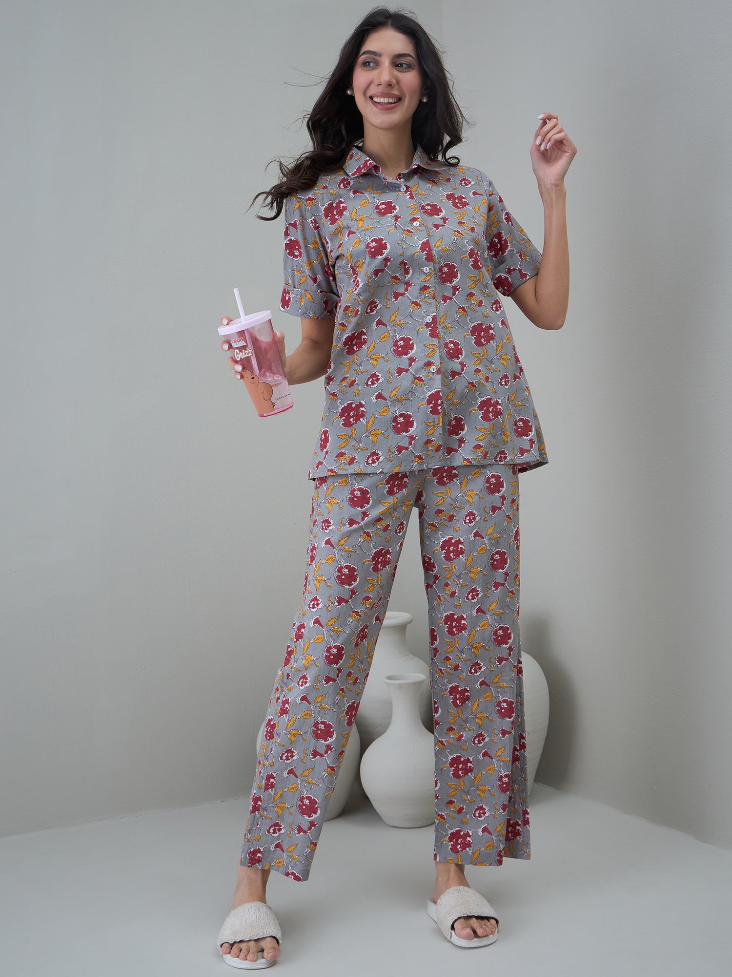 Grey Floral Printed Cotton Night Suit For Women