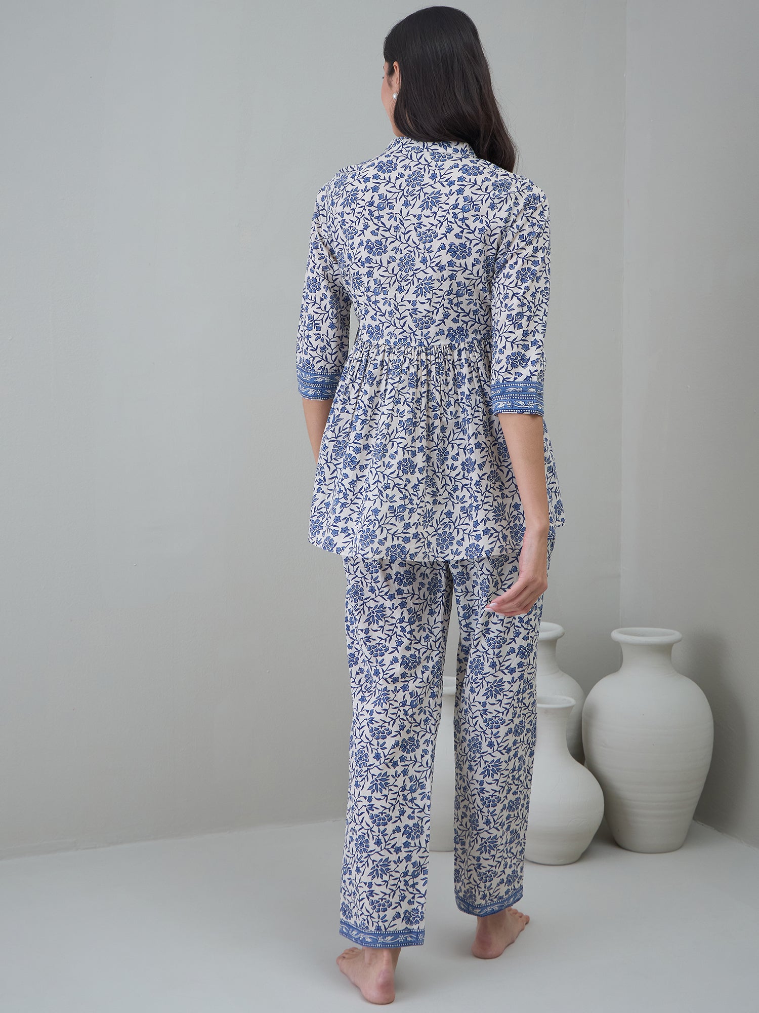 Off White Round Neck Floral Printed Night Suit