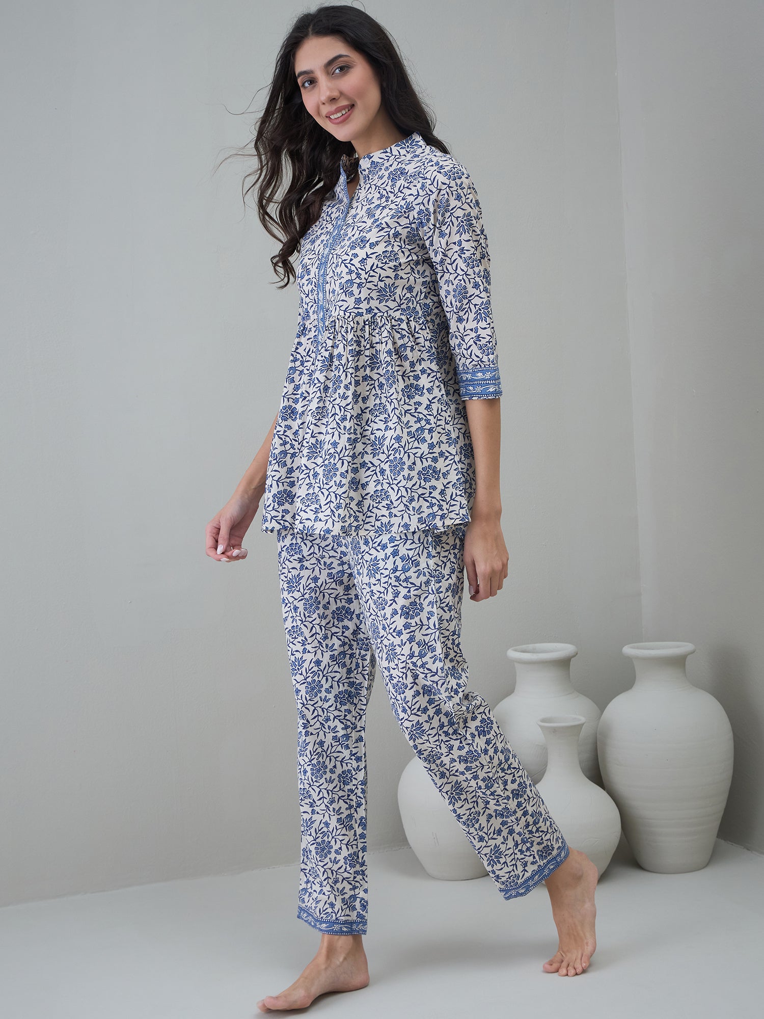 Off White Round Neck Floral Printed Night Suit