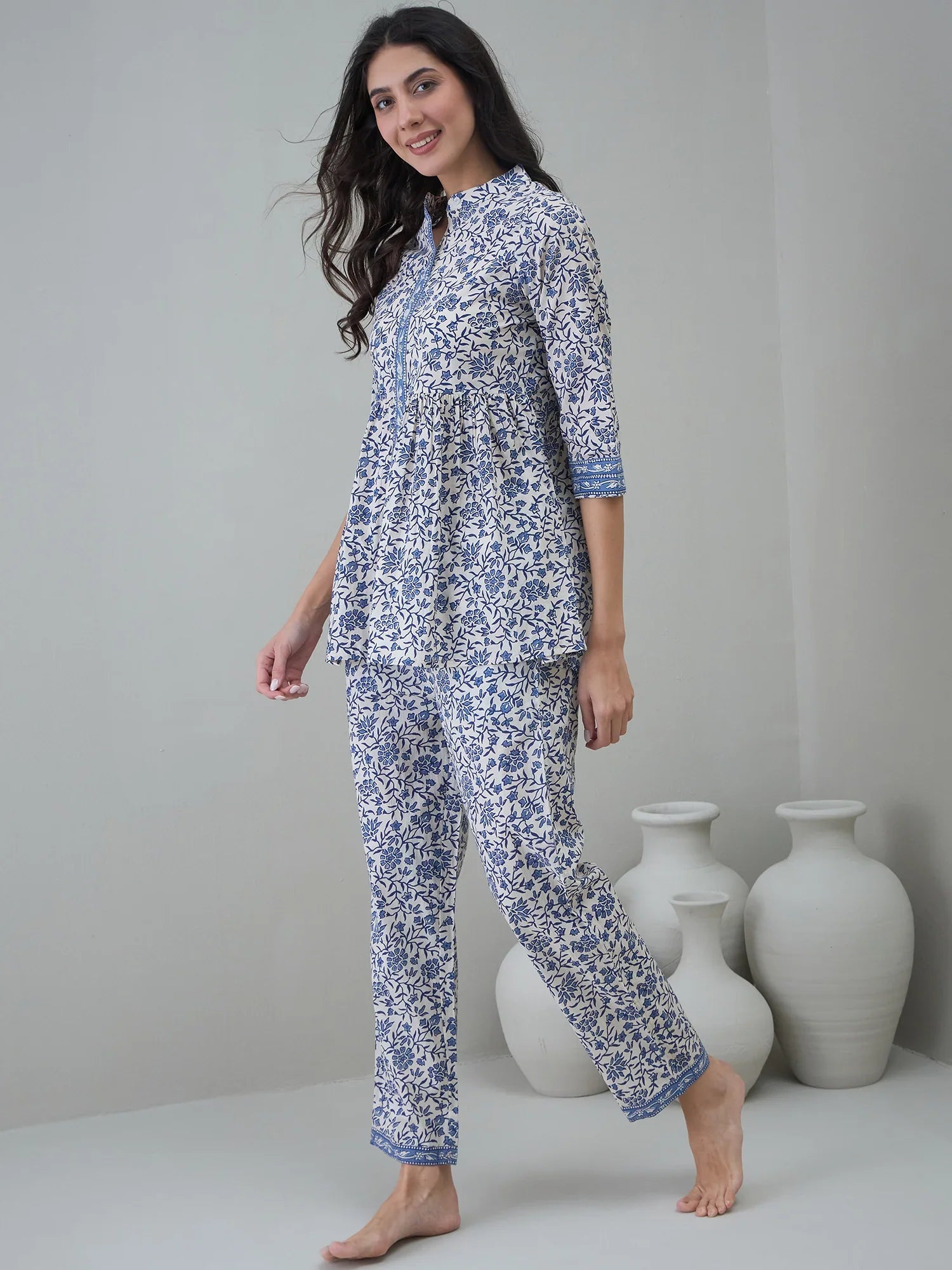 Off White Round Neck Floral Printed Night Suit - SanskrutiHomes