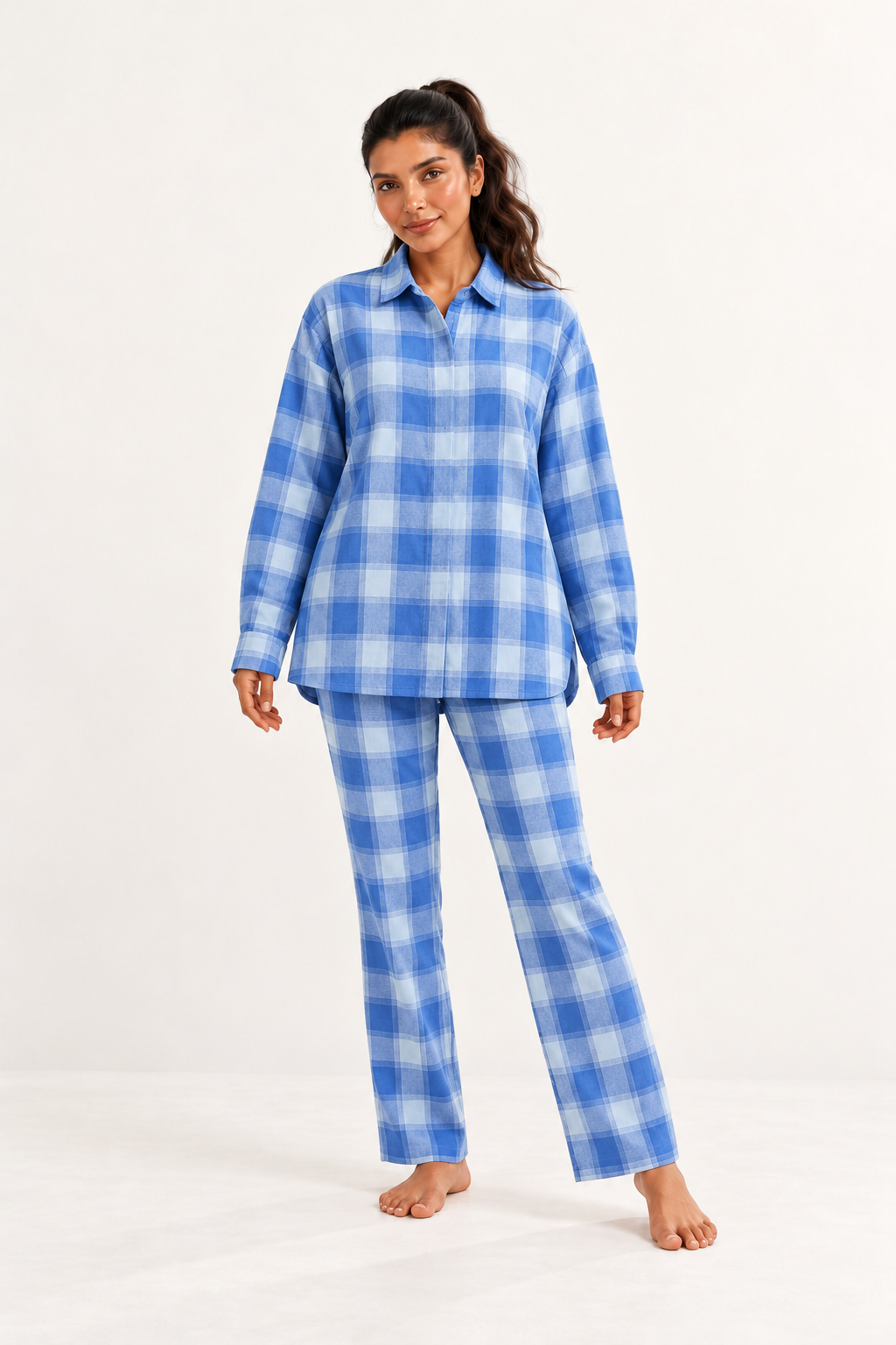 Blue Shirt Collar Checked Cozy Cashmere Night Suit For Women