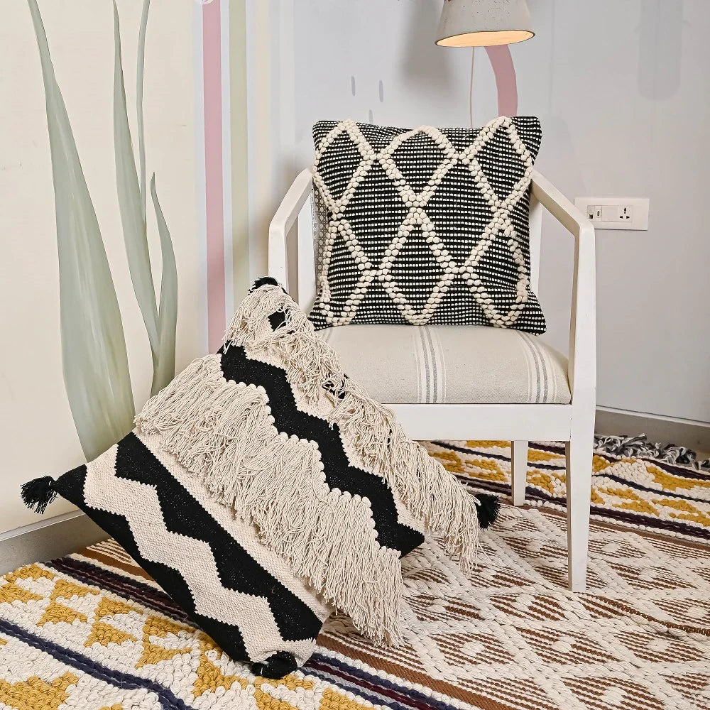 Beige & Black Hand-Woven Cotton Cushion Covers(Set Of 2)