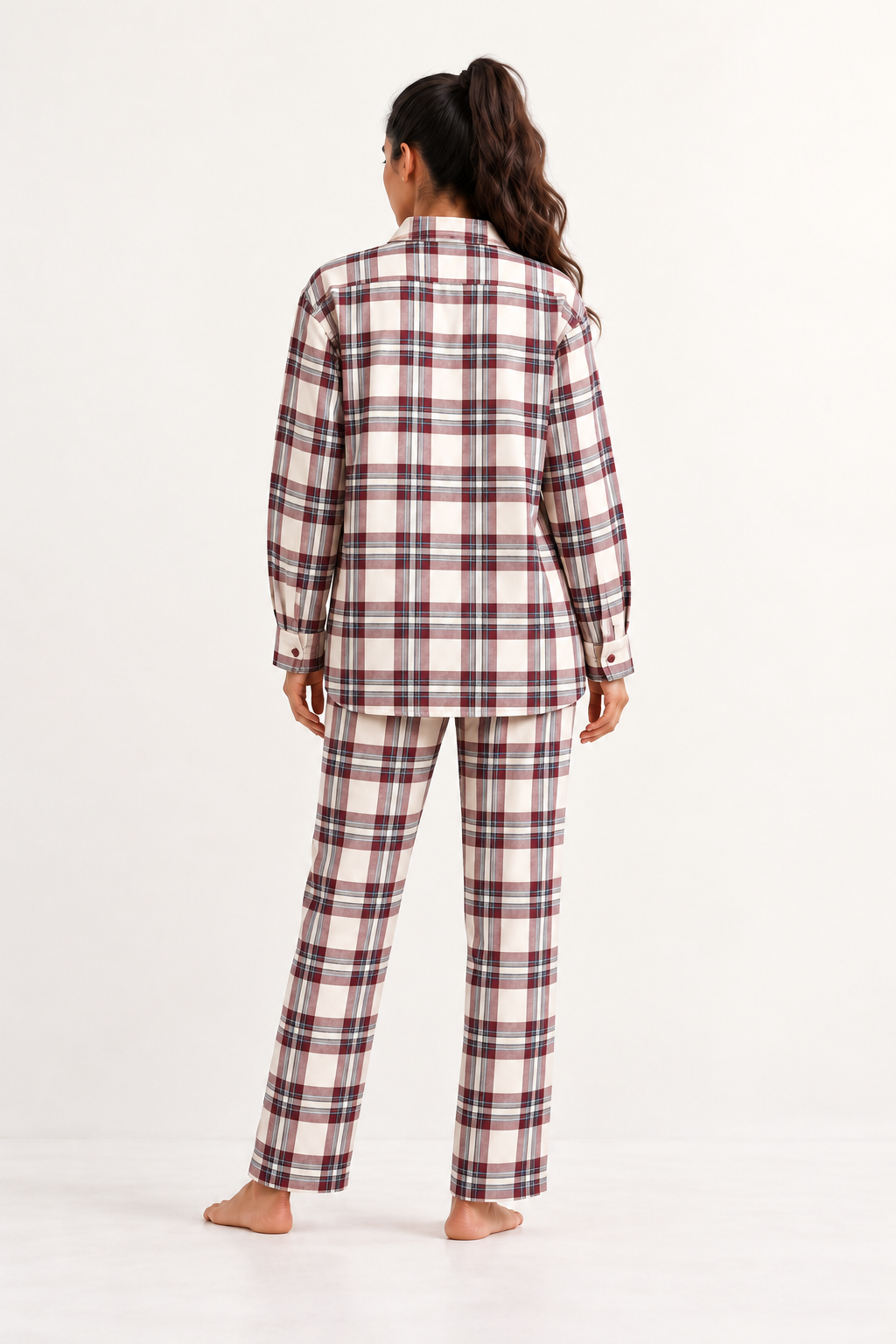 Maroon Shirt Collar Checked Cashmere Winter Night Suit For Women