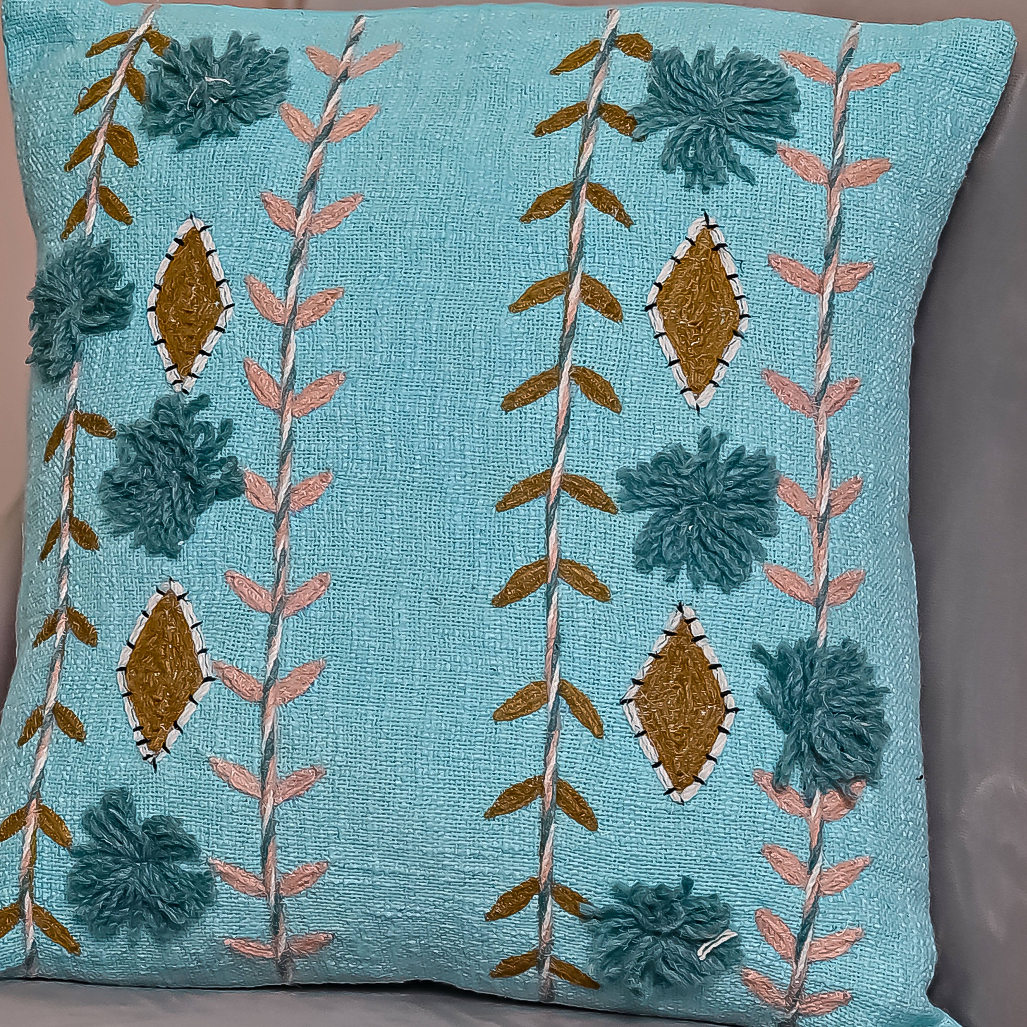 Turquoise Blue Embroidered Cotton Cushion Cover With Floral Motifs