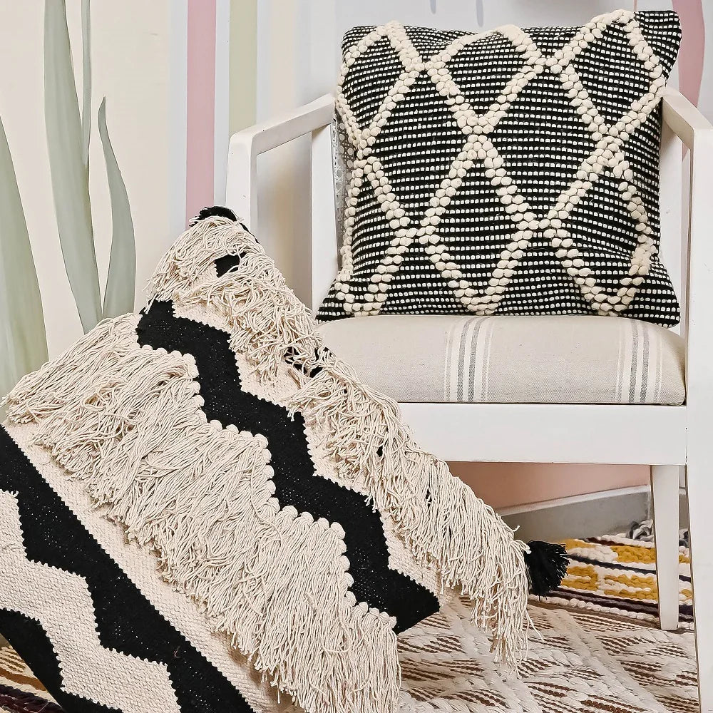 Beige & Black Hand-Woven Cotton Cushion Covers(Set Of 2)
