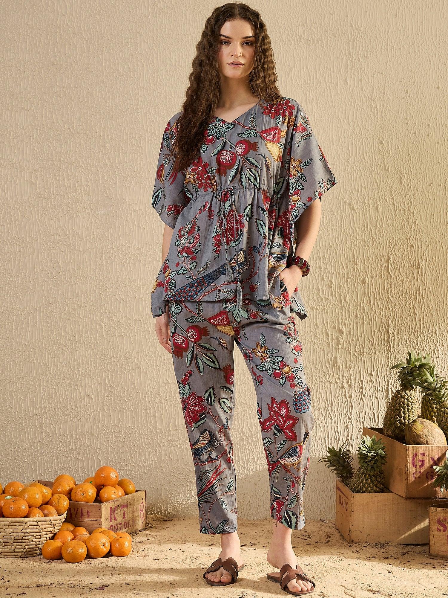 Women Floral Printed Beige Night Suit Set - SanskrutiHomes