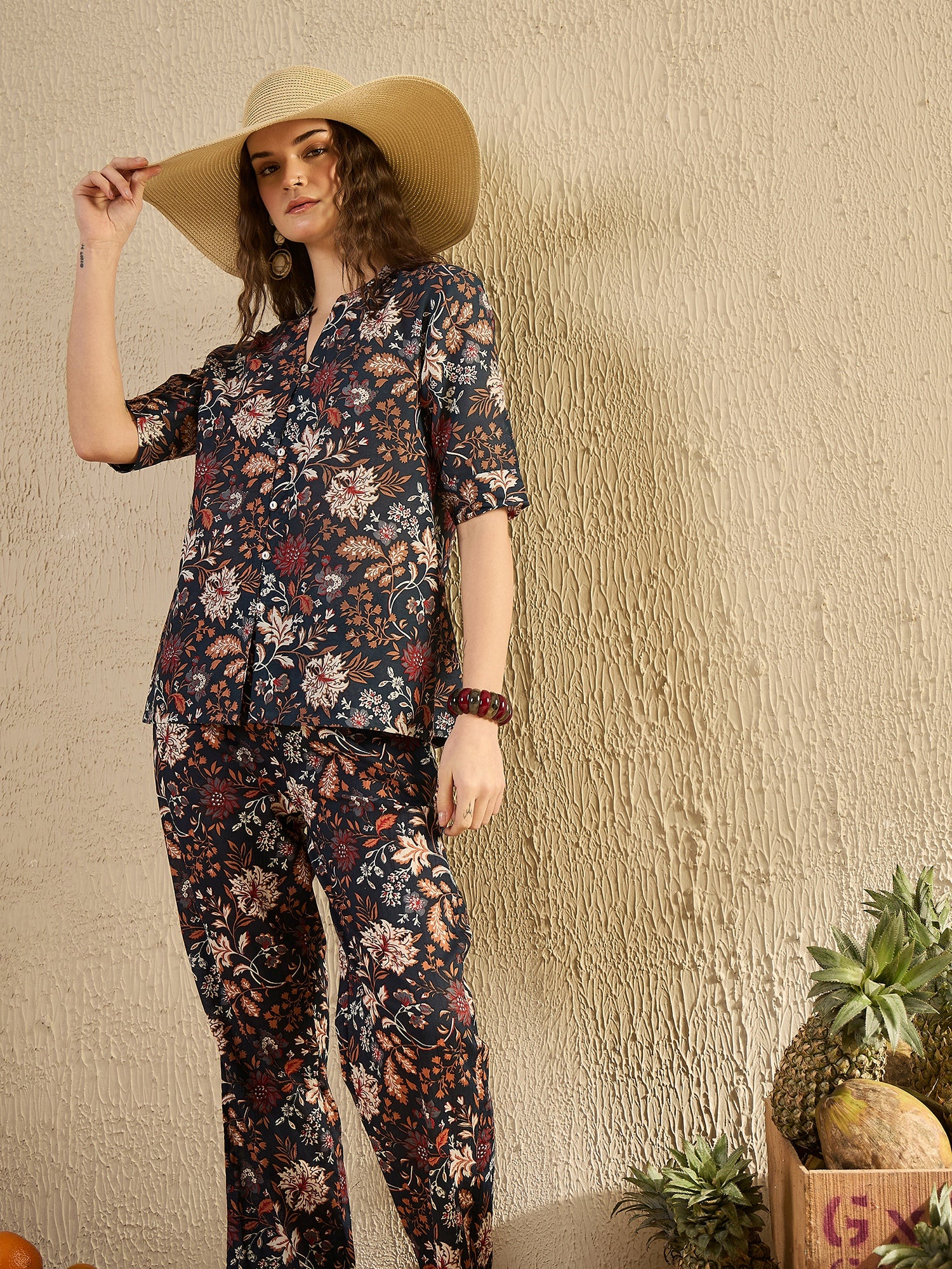 Women Floral Printed Blue Night Suit Set