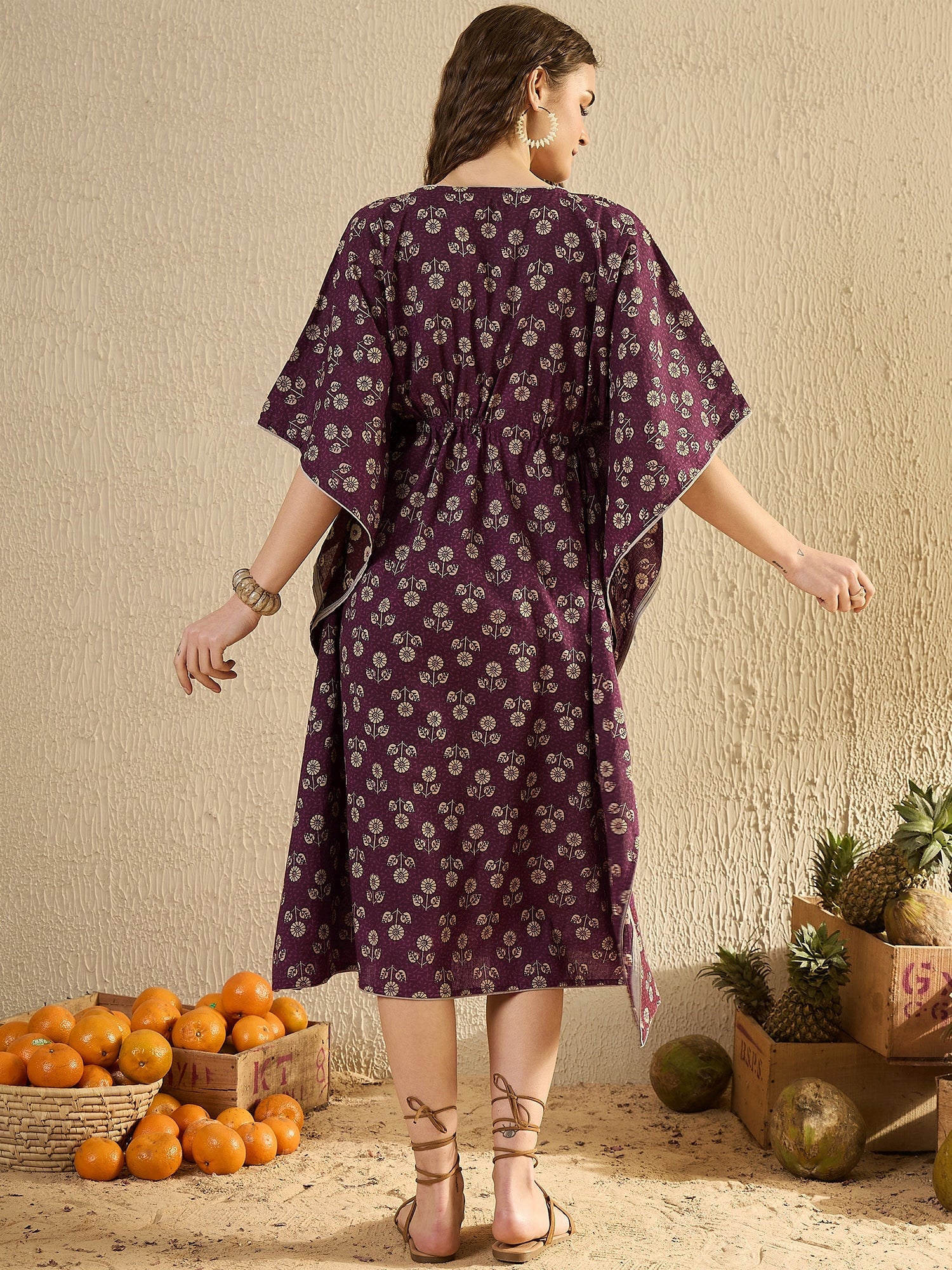 Purple Floral Printed V-Neck Kaftan Night Dress - SanskrutiHomes
