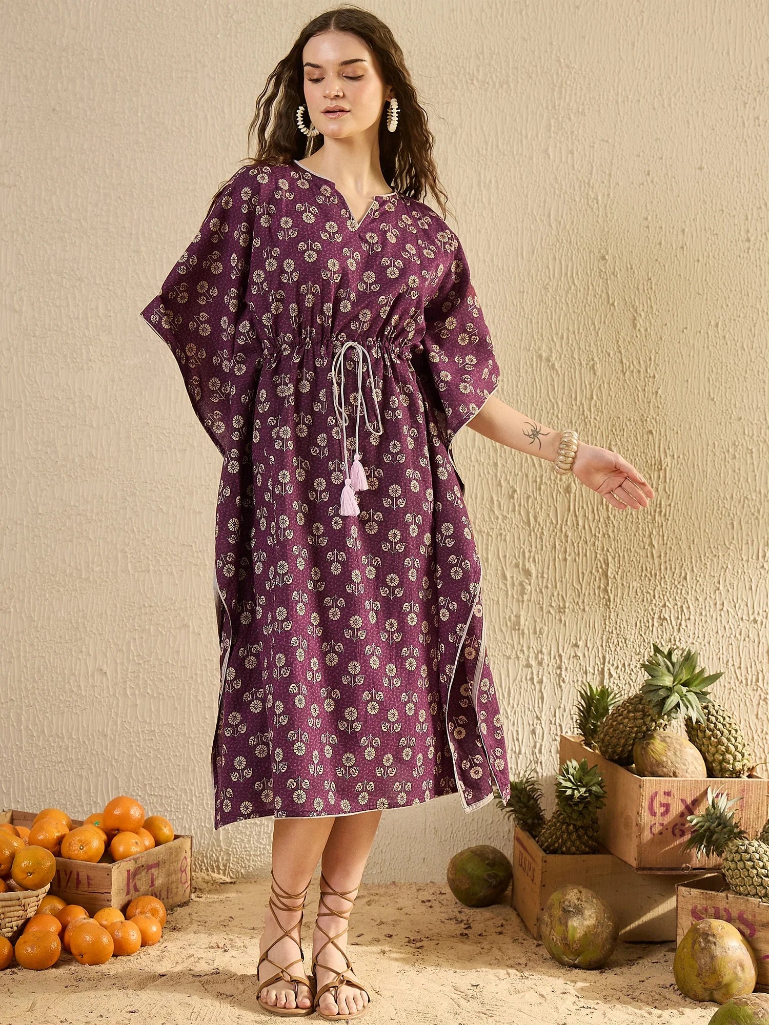 Purple Floral Printed V-Neck Kaftan Night Dress - SanskrutiHomes