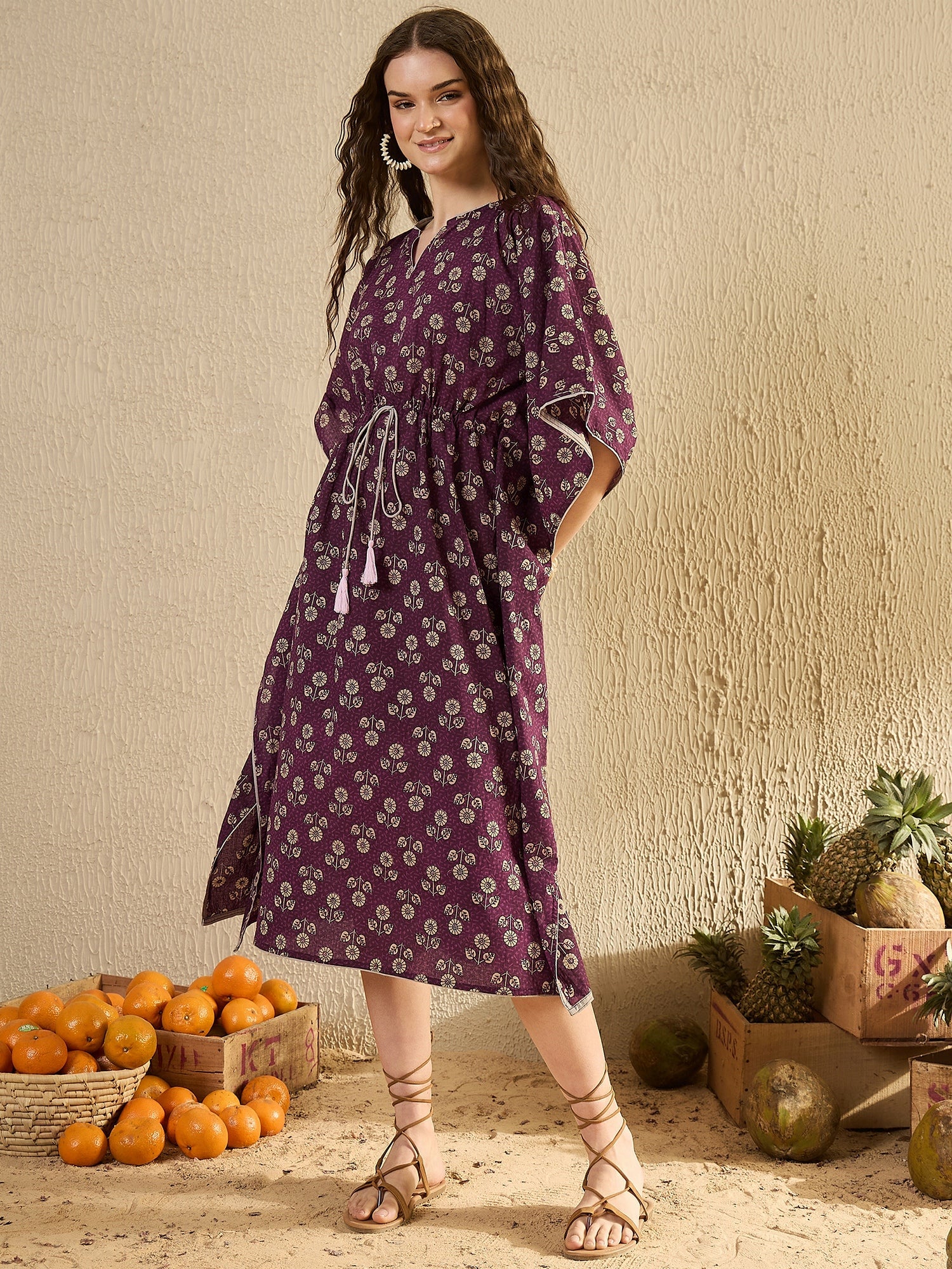 Purple Floral Printed V-Neck Kaftan Night Dress - SanskrutiHomes