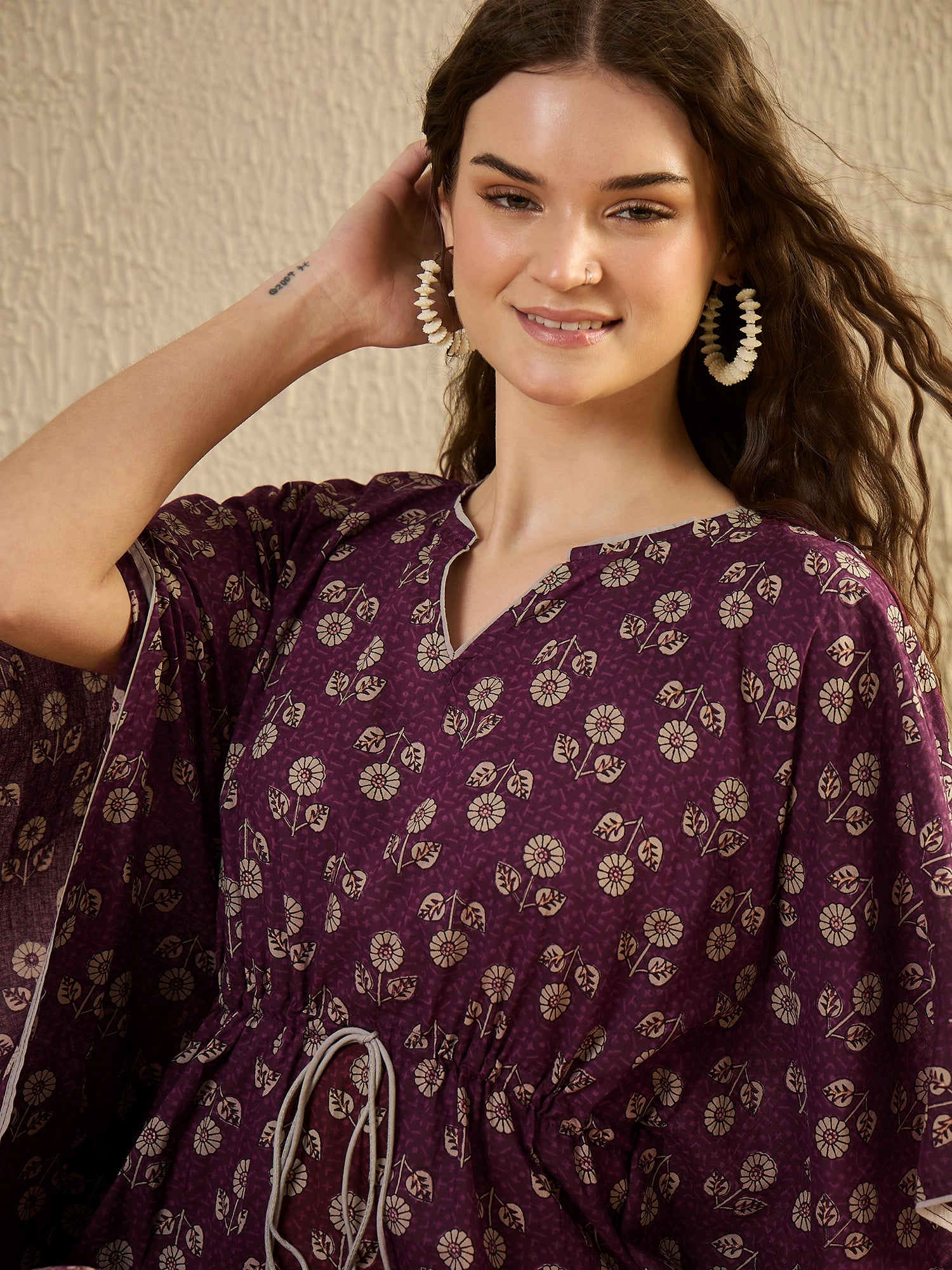 Purple Floral Printed V-Neck Kaftan Night Dress