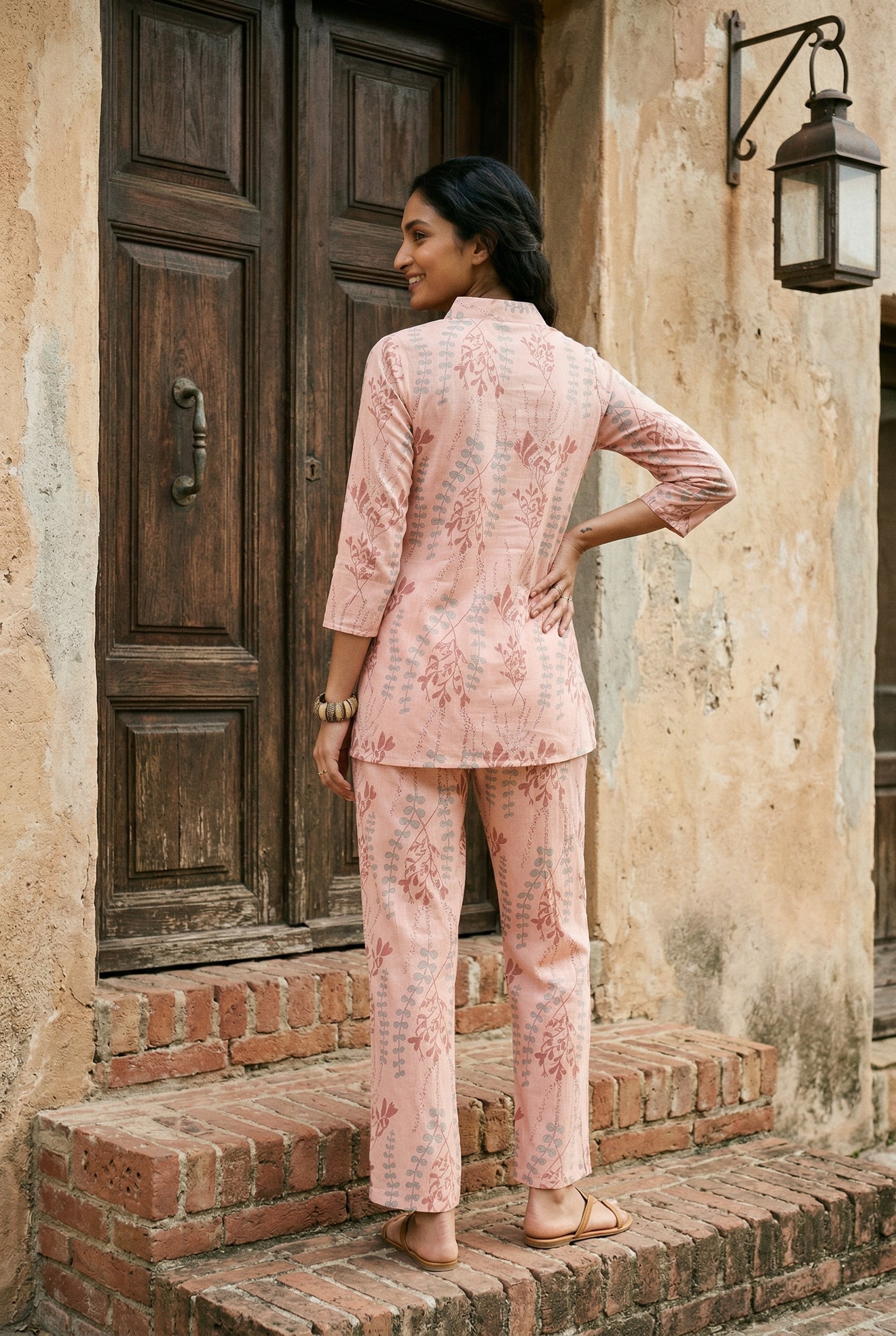 Peach V-Neck Tropical Print Pure Cotton Co-Ord Set For Women