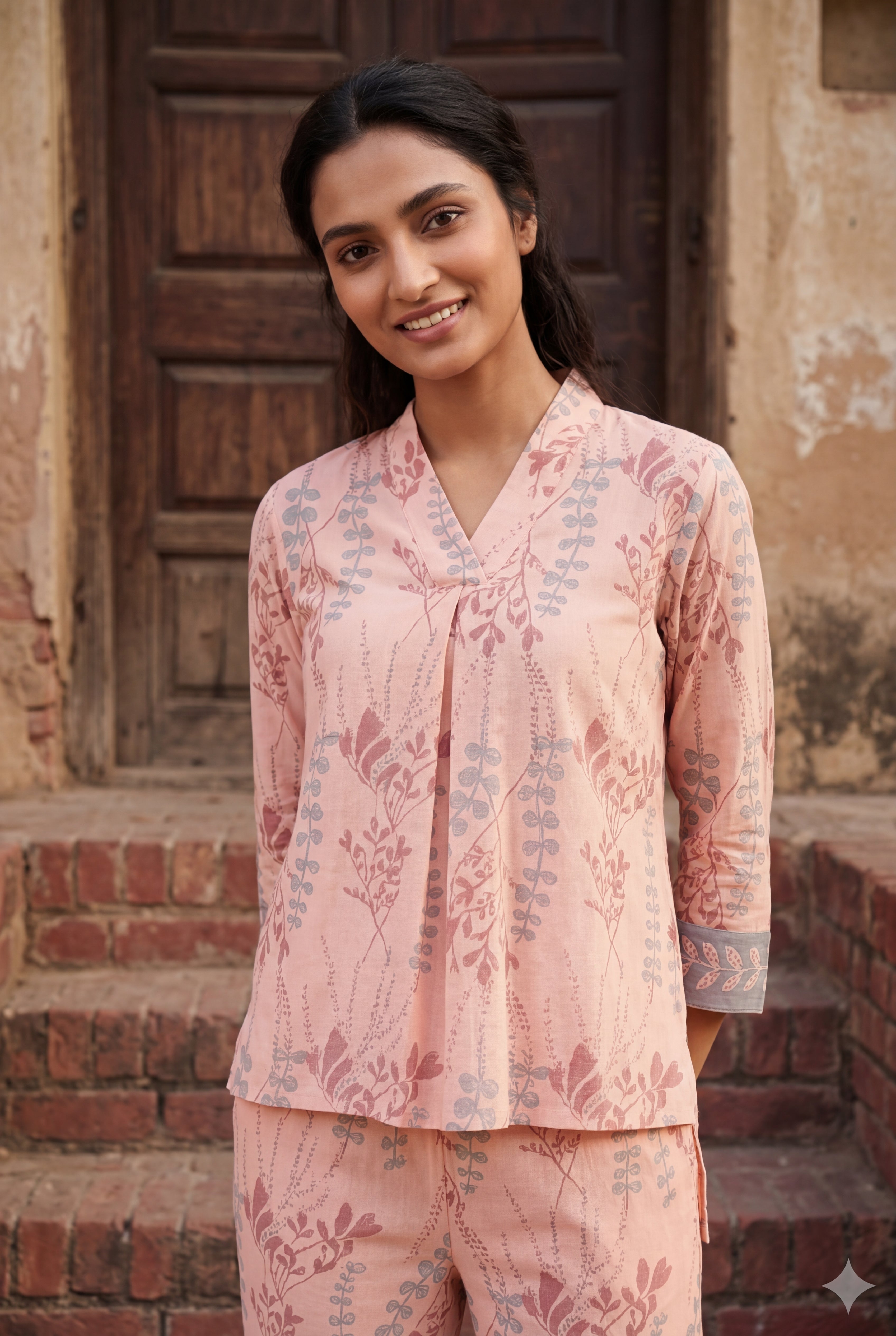 Peach V-Neck Tropical Print Pure Cotton Co-Ord Set For Women