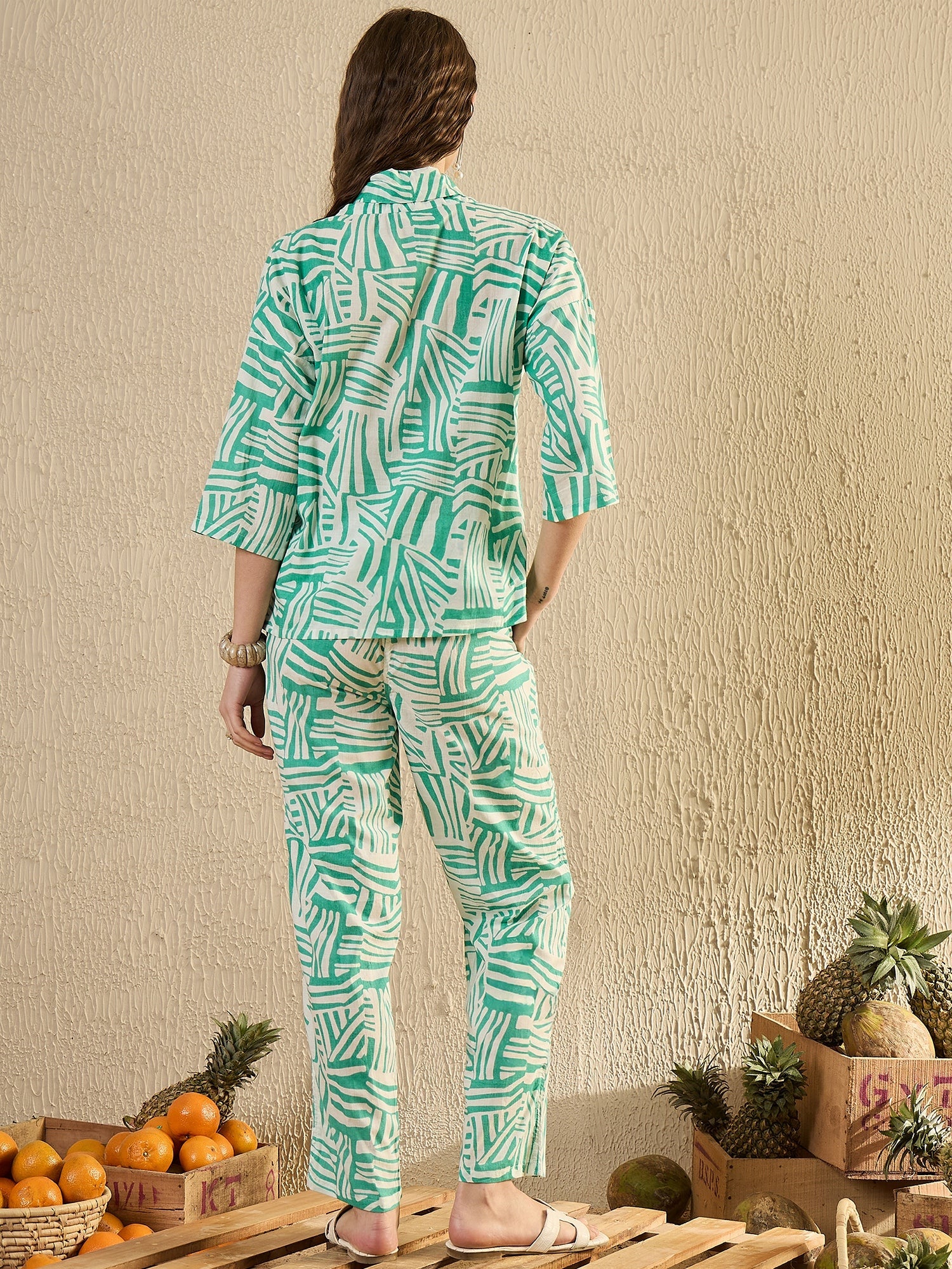 Women Abstract Printed Sea Green Night Suit Set - SanskrutiHomes