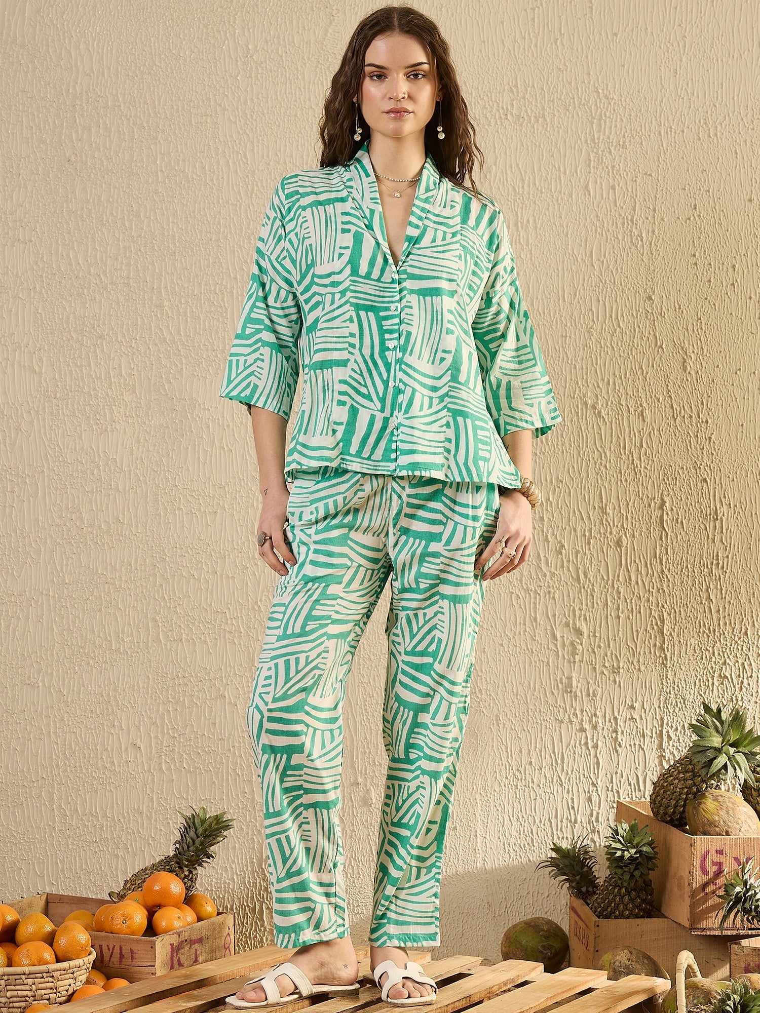 Women Abstract Printed Sea Green Night Suit Set - SanskrutiHomes