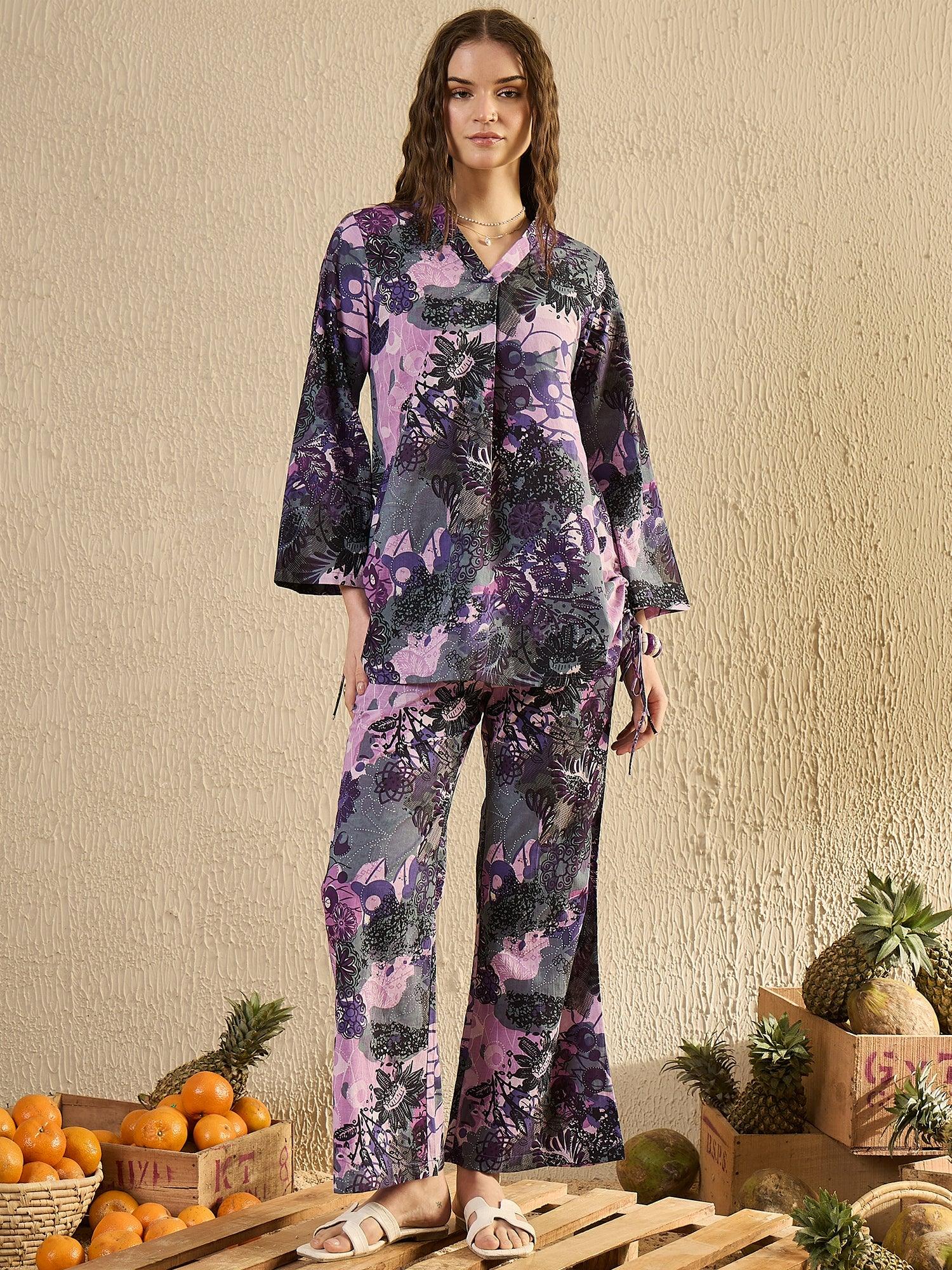 Purple Tropical Printed Co Ord Set - SanskrutiHomes