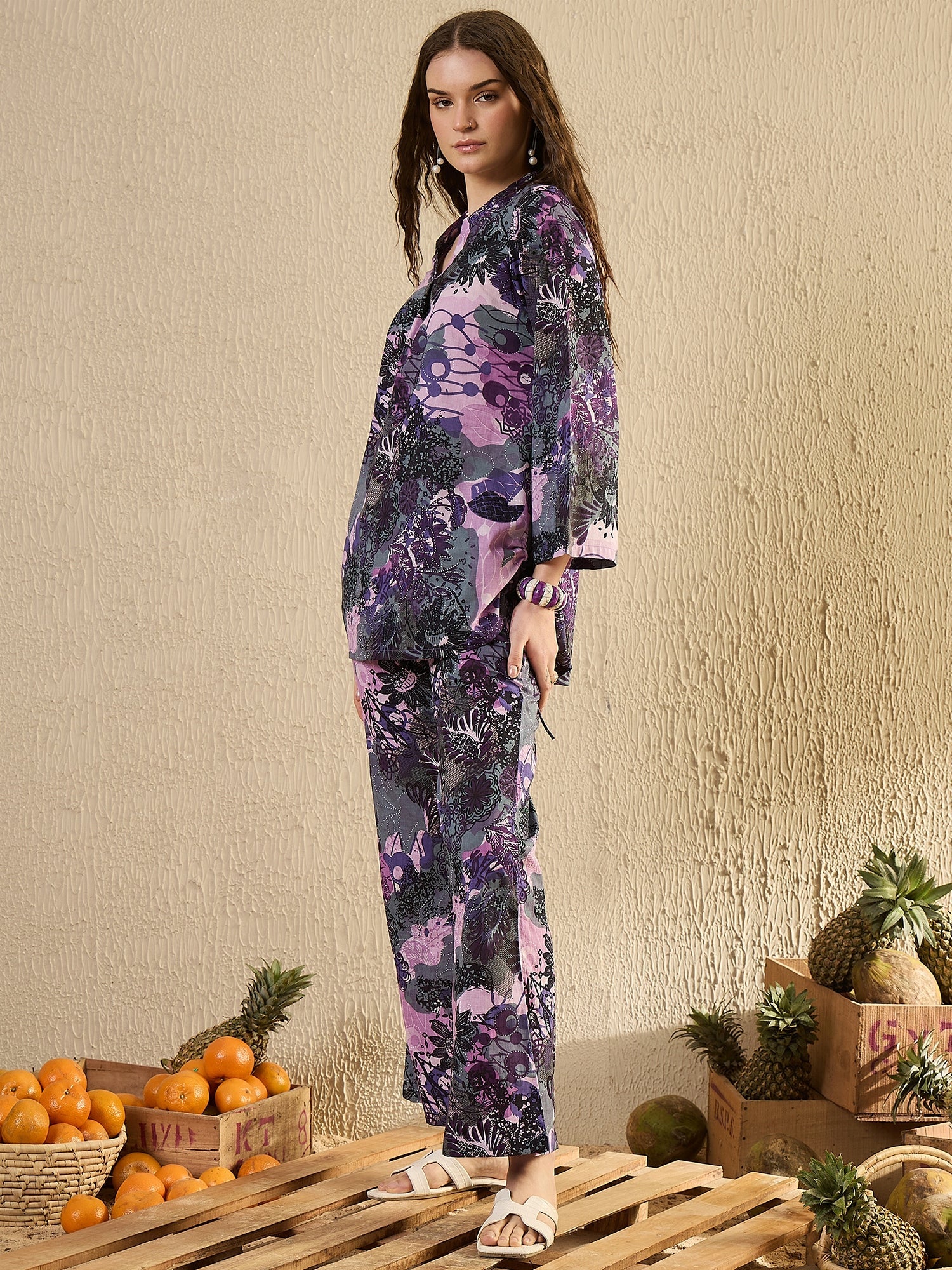 Purple Tropical Printed Co Ord Set - SanskrutiHomes