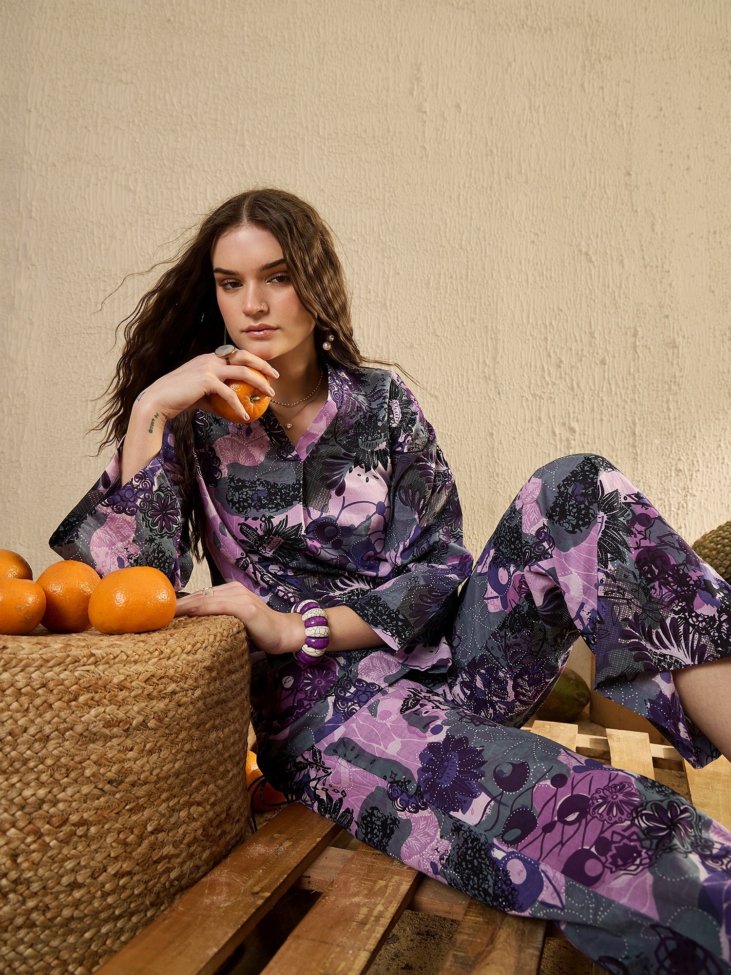 Purple Tropical Printed Co Ord Set - SanskrutiHomes