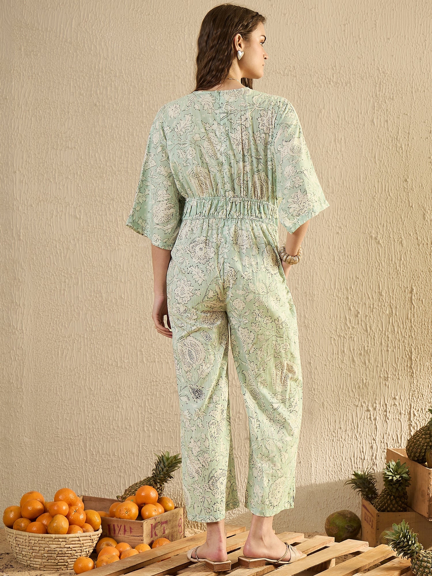 Green Cotton V-Neck Floral Printed JumpSuit - SanskrutiHomes
