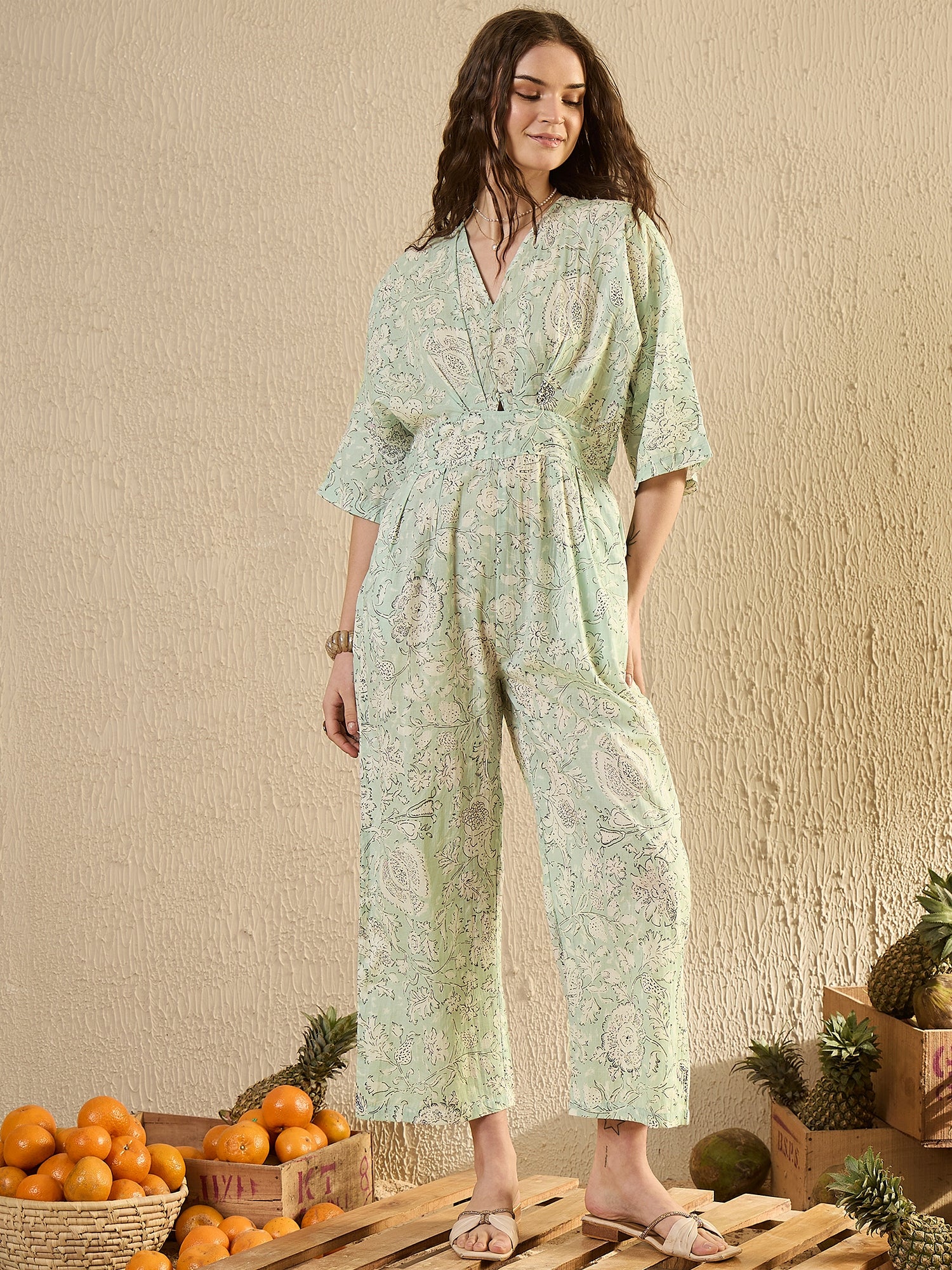 Green Cotton V-Neck Floral Printed JumpSuit