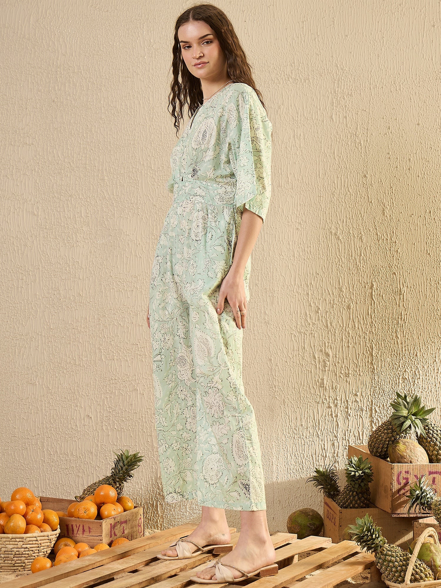 Green Cotton V-Neck Floral Printed JumpSuit - SanskrutiHomes