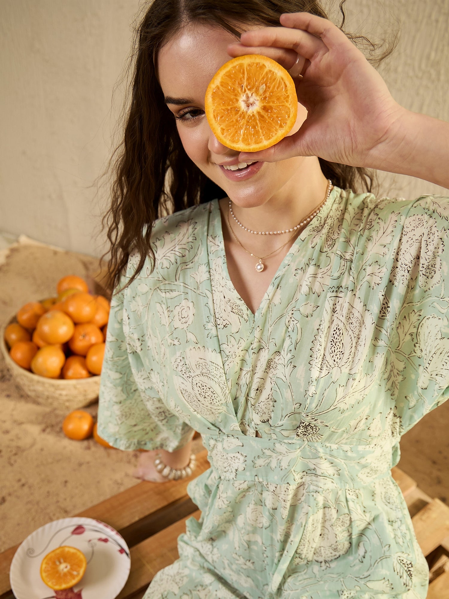 Green Cotton V-Neck Floral Printed JumpSuit