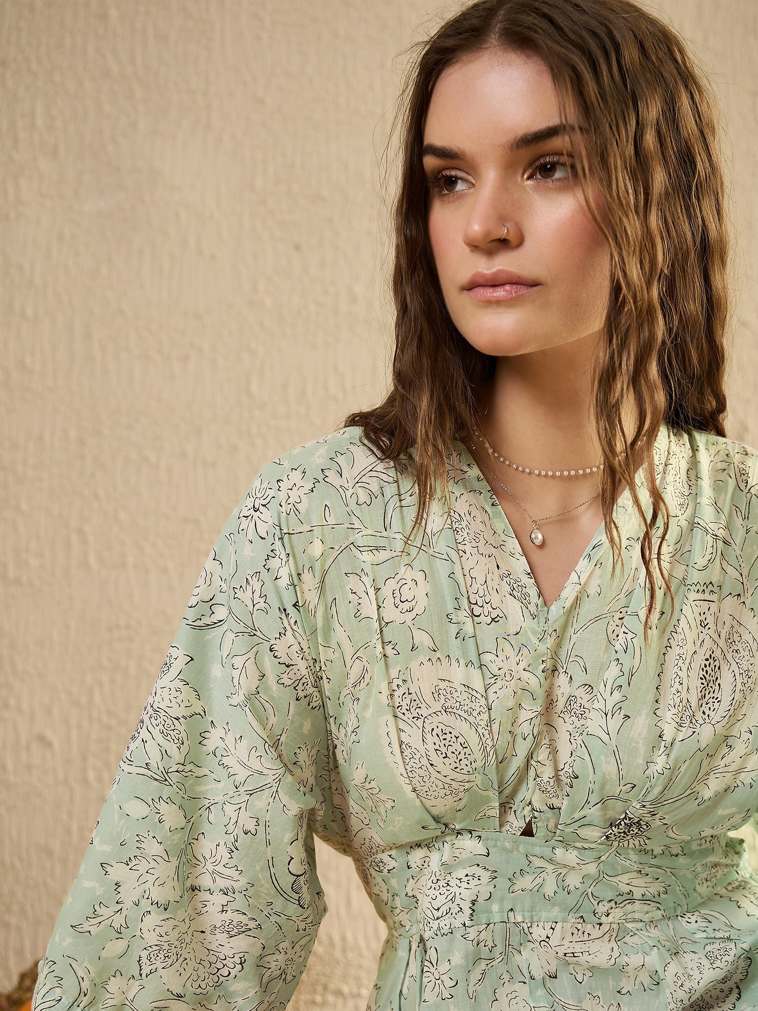 Green Cotton V-Neck Floral Printed JumpSuit - SanskrutiHomes