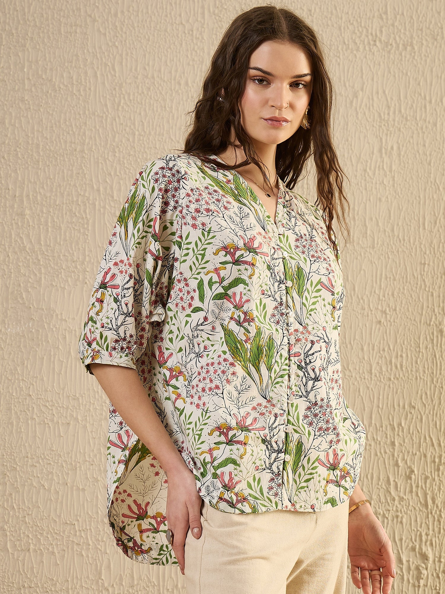 White Color Floral Printed V-Neck Dress for Women