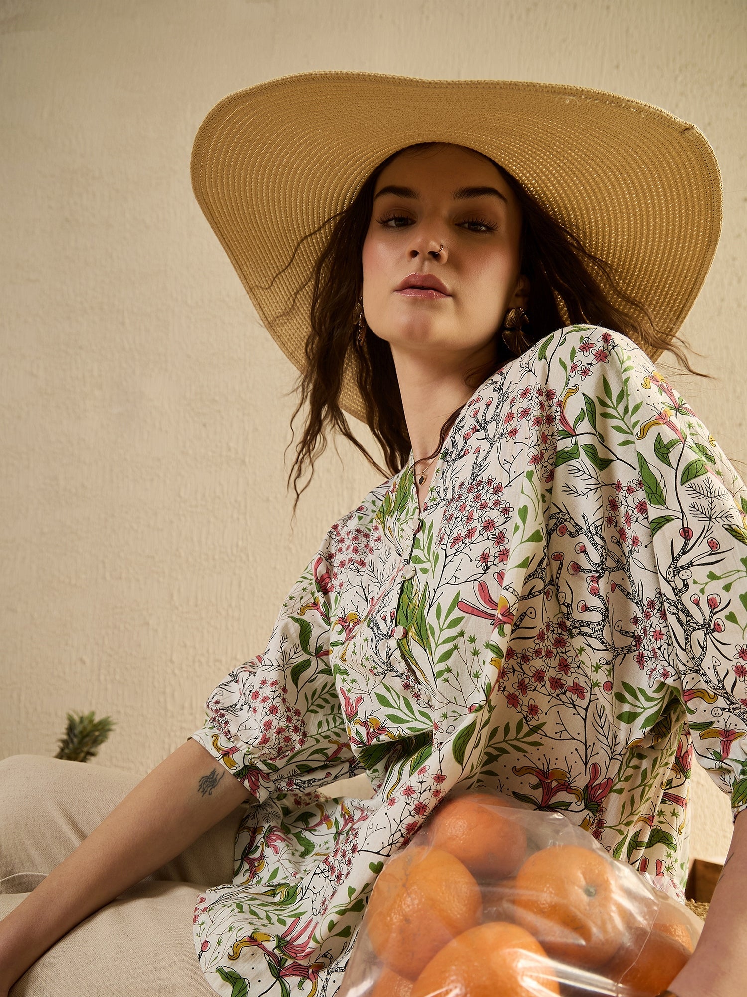 White Color Floral Printed V-Neck Dress for Women