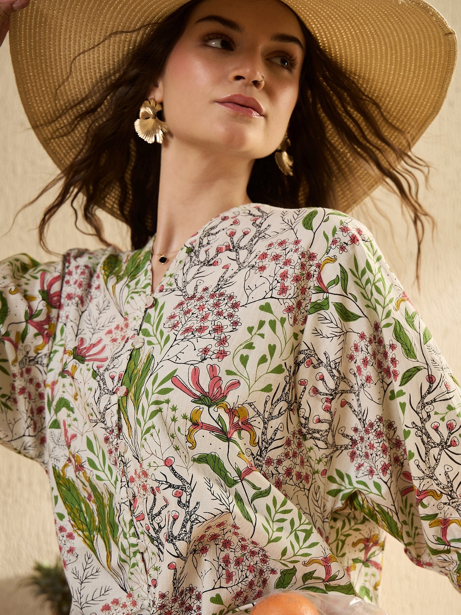 White Color Floral Printed V-Neck Dress for Women
