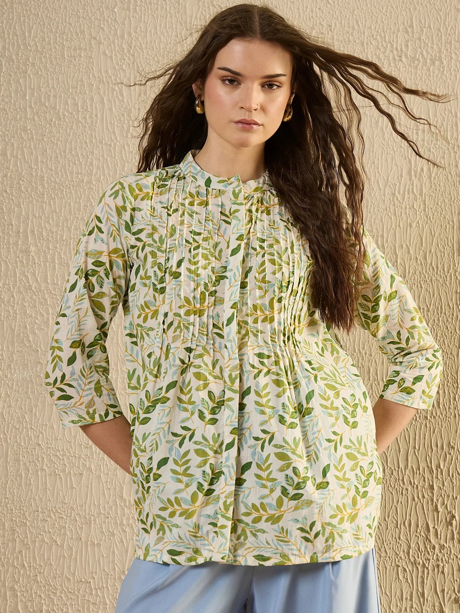 White Color Leaf Printed Cotton Shirt for Women - SanskrutiHomes