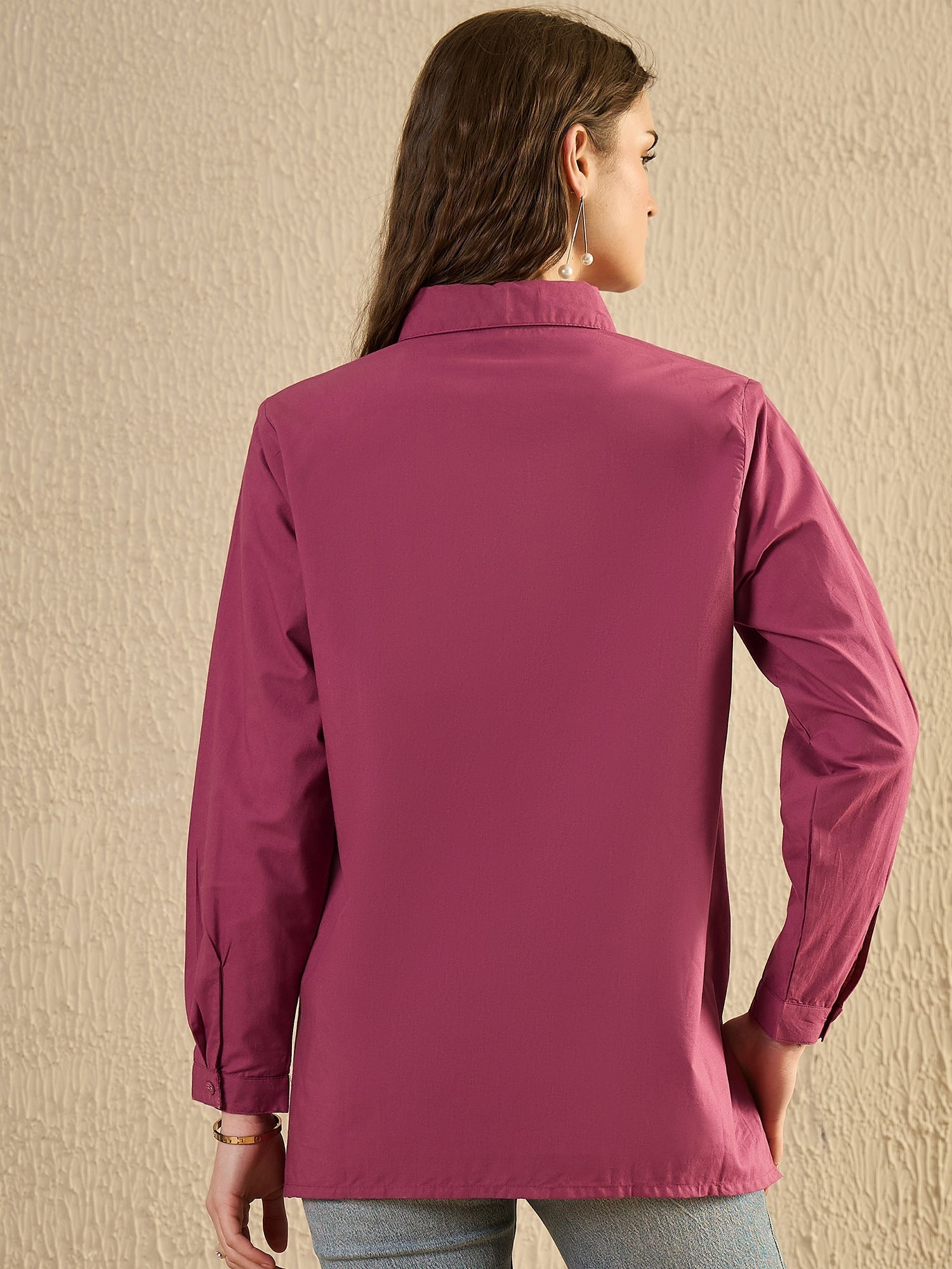 Pink Solid Print Cotton Women Shirt - SanskrutiHomes