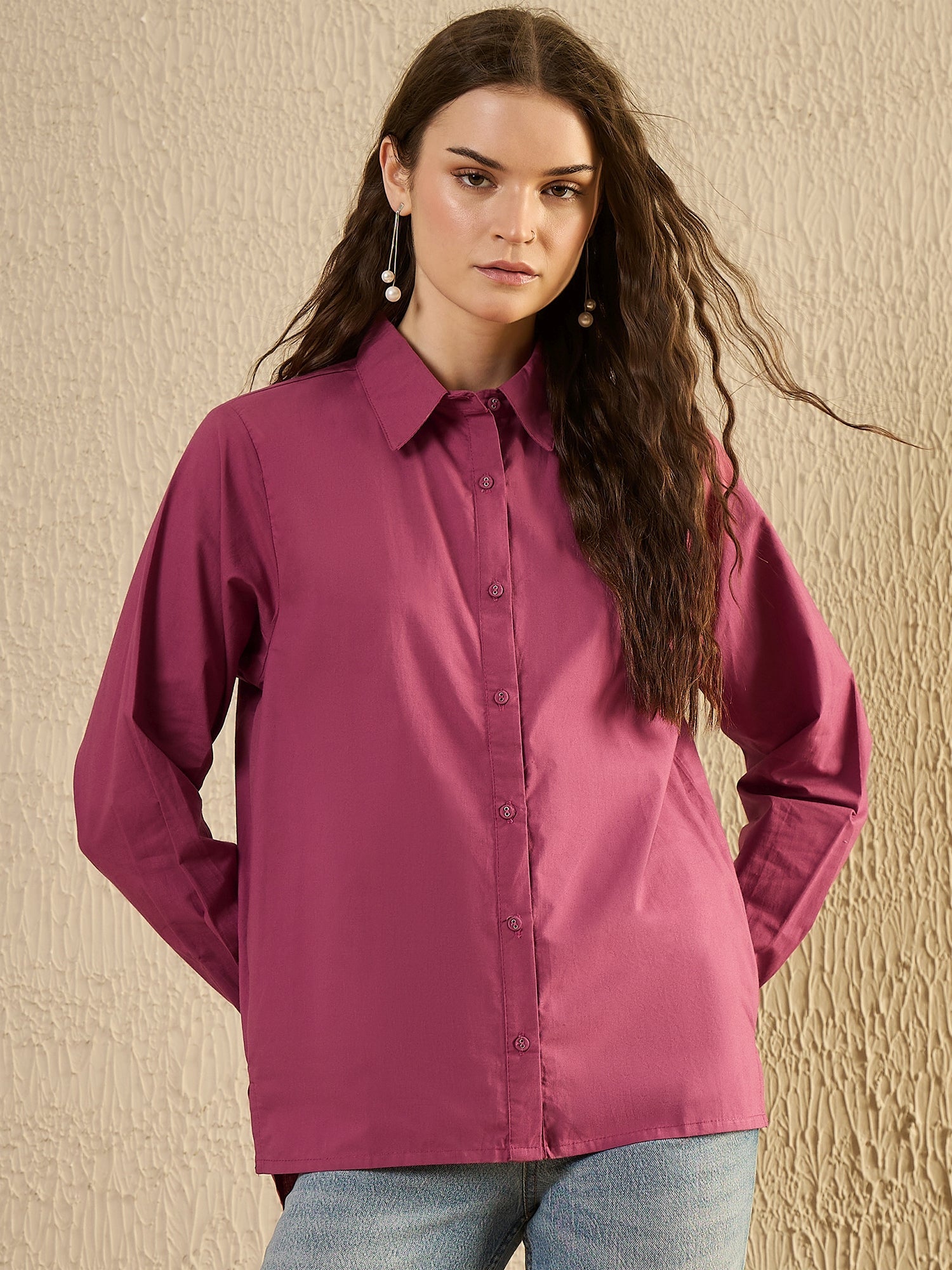 Pink Solid Print Cotton Women Shirt - SanskrutiHomes
