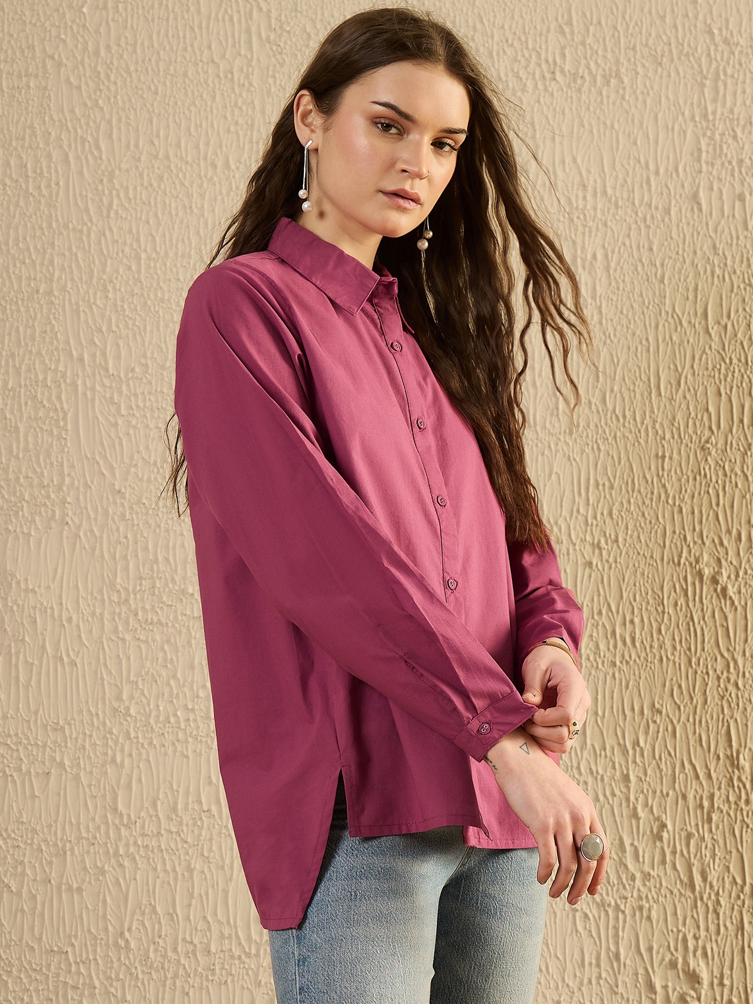 Pink Solid Print Cotton Women Shirt