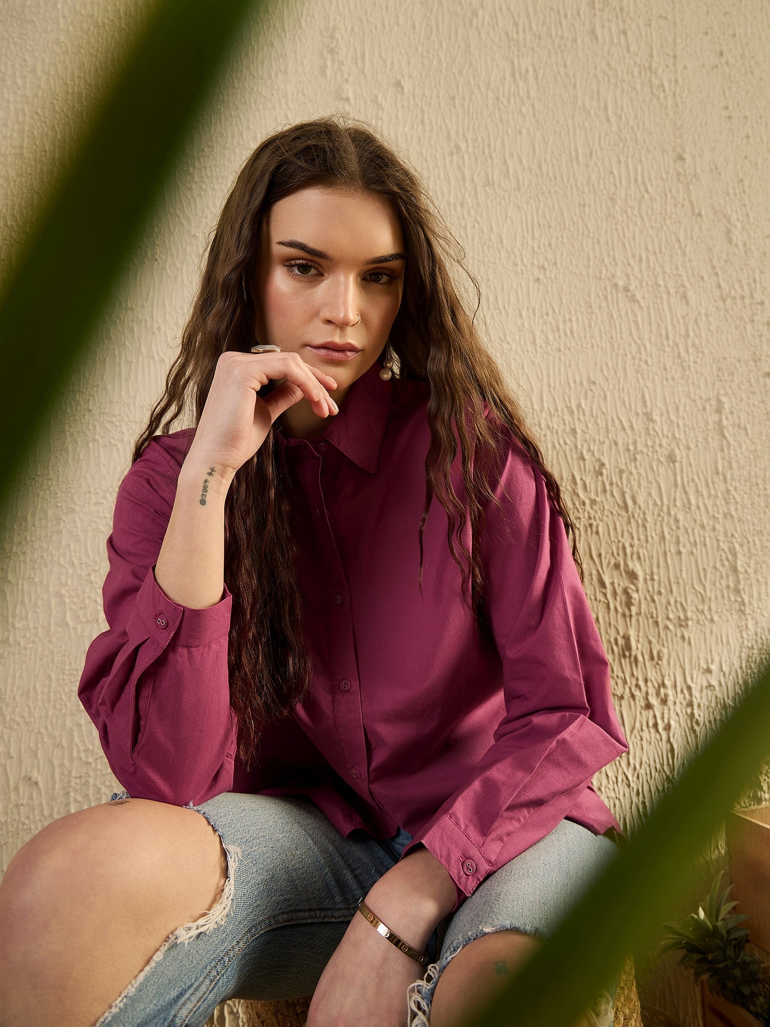 Pink Solid Print Cotton Women Shirt - SanskrutiHomes