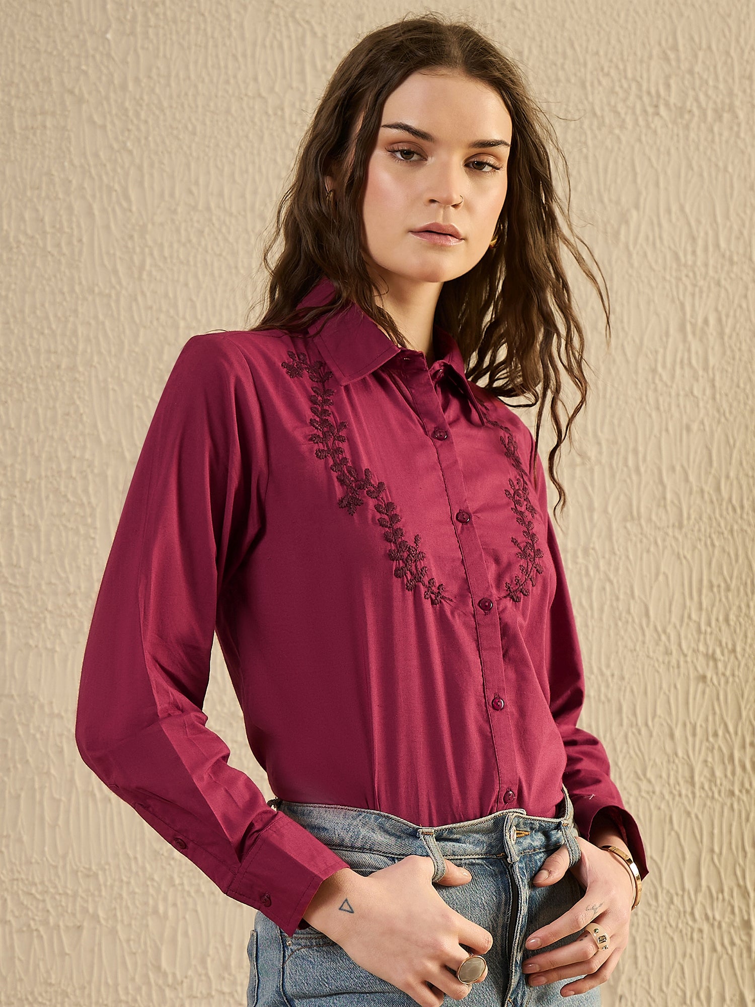 Maroon Color Solid Cotton Women Shirt