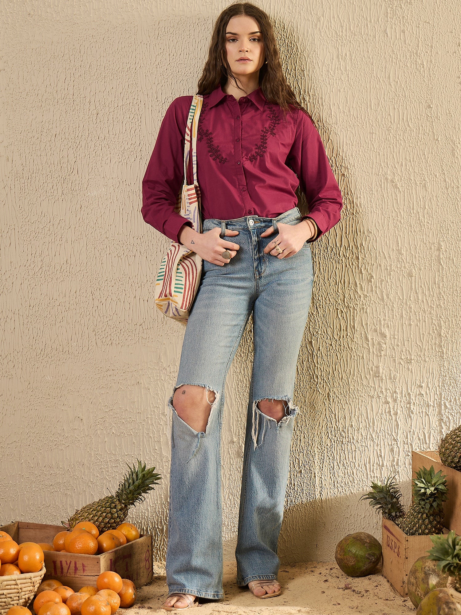 Maroon Color Solid Cotton Women Shirt