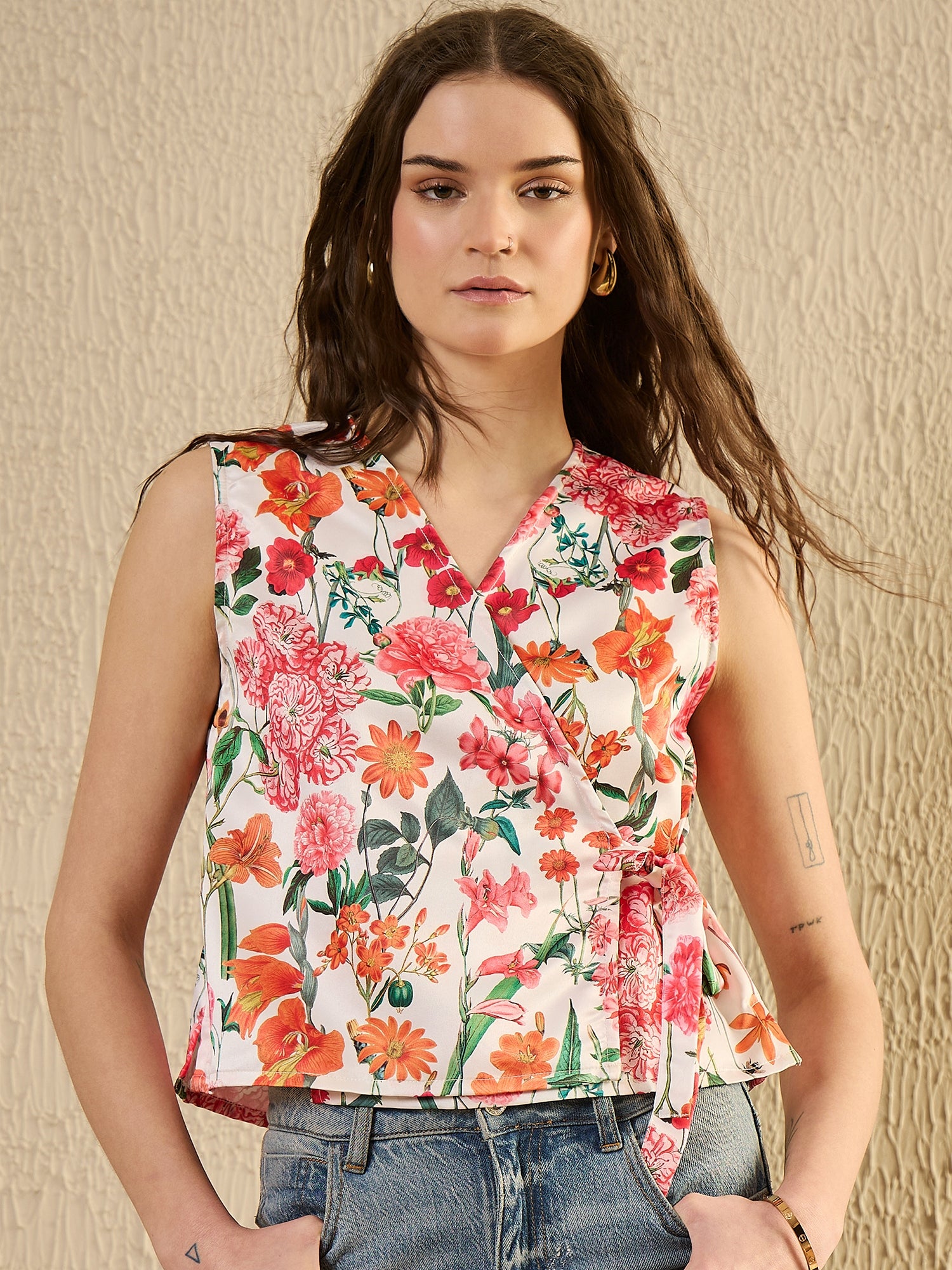 White Foral Printed Wrap Top