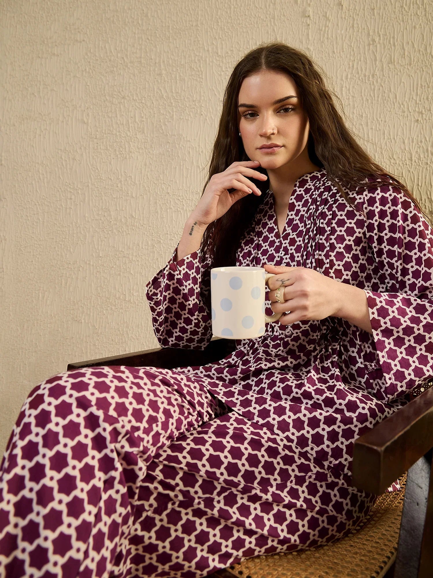 Women Geometric Printed Purple Night Suit Set - SanskrutiHomes