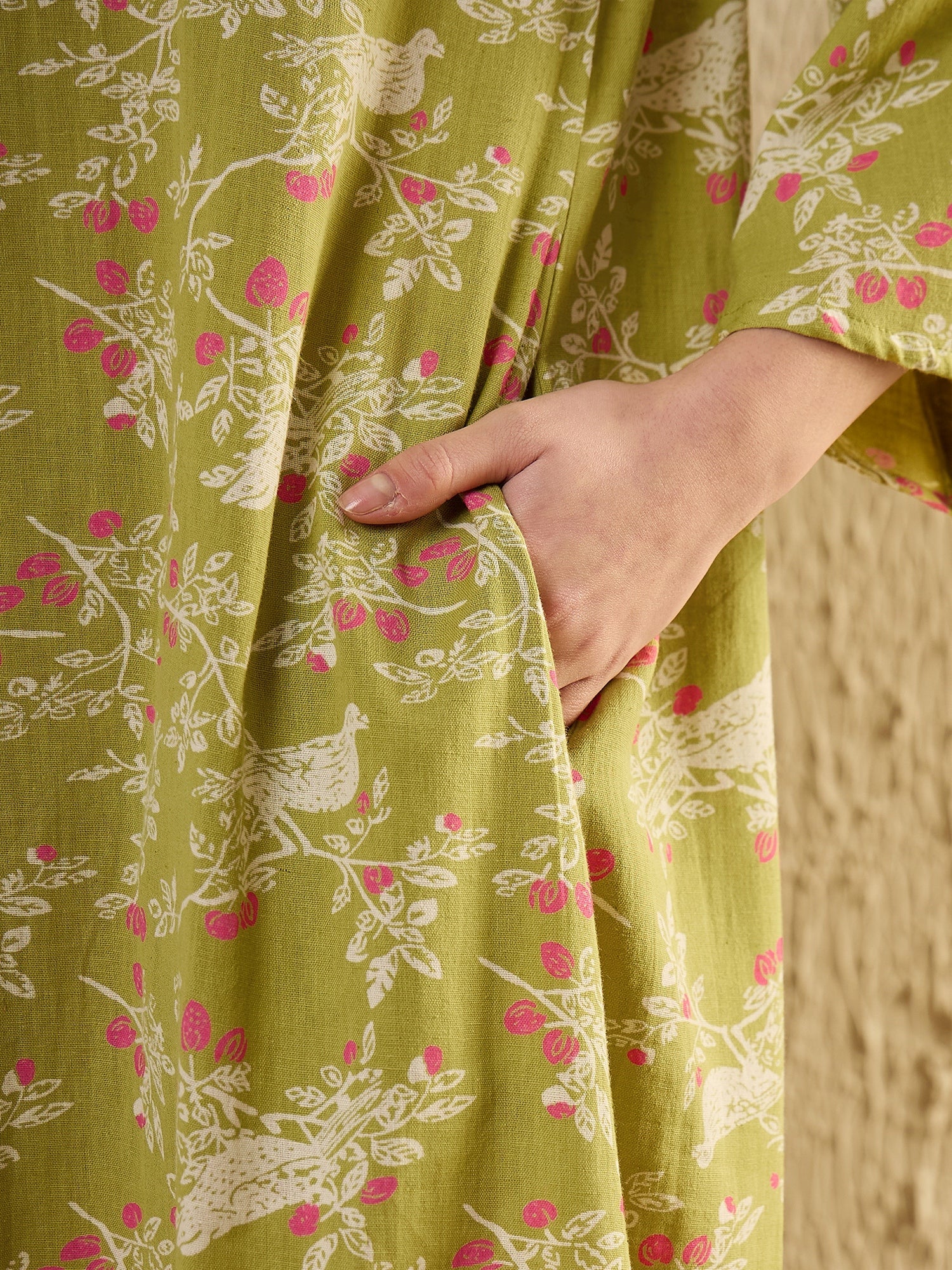 Lime Green Floral Printed V-Neck Night Dress - SanskrutiHomes