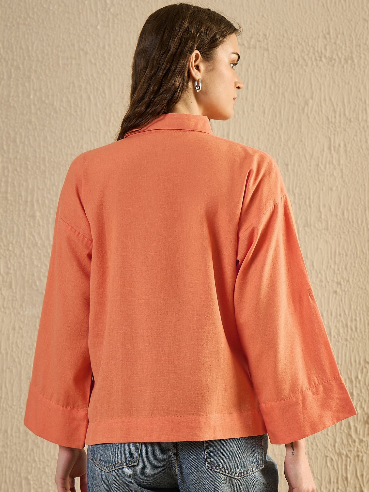 Orange Color Shirt Collar Cotton Shirt for Women